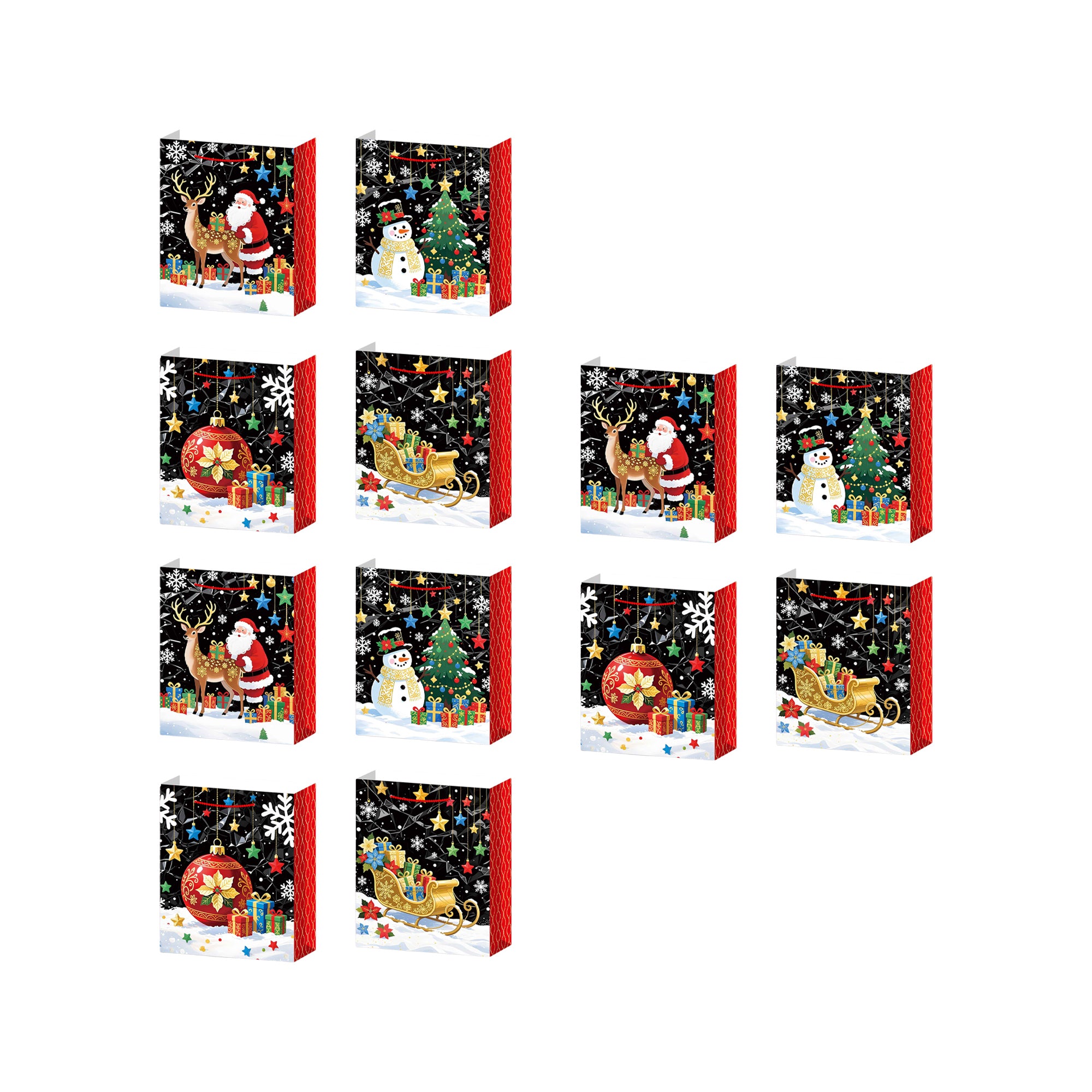 Christmas Gift Bags Black with Glitters Assorted Large, Christmas, Holiday Decor- Set of 12