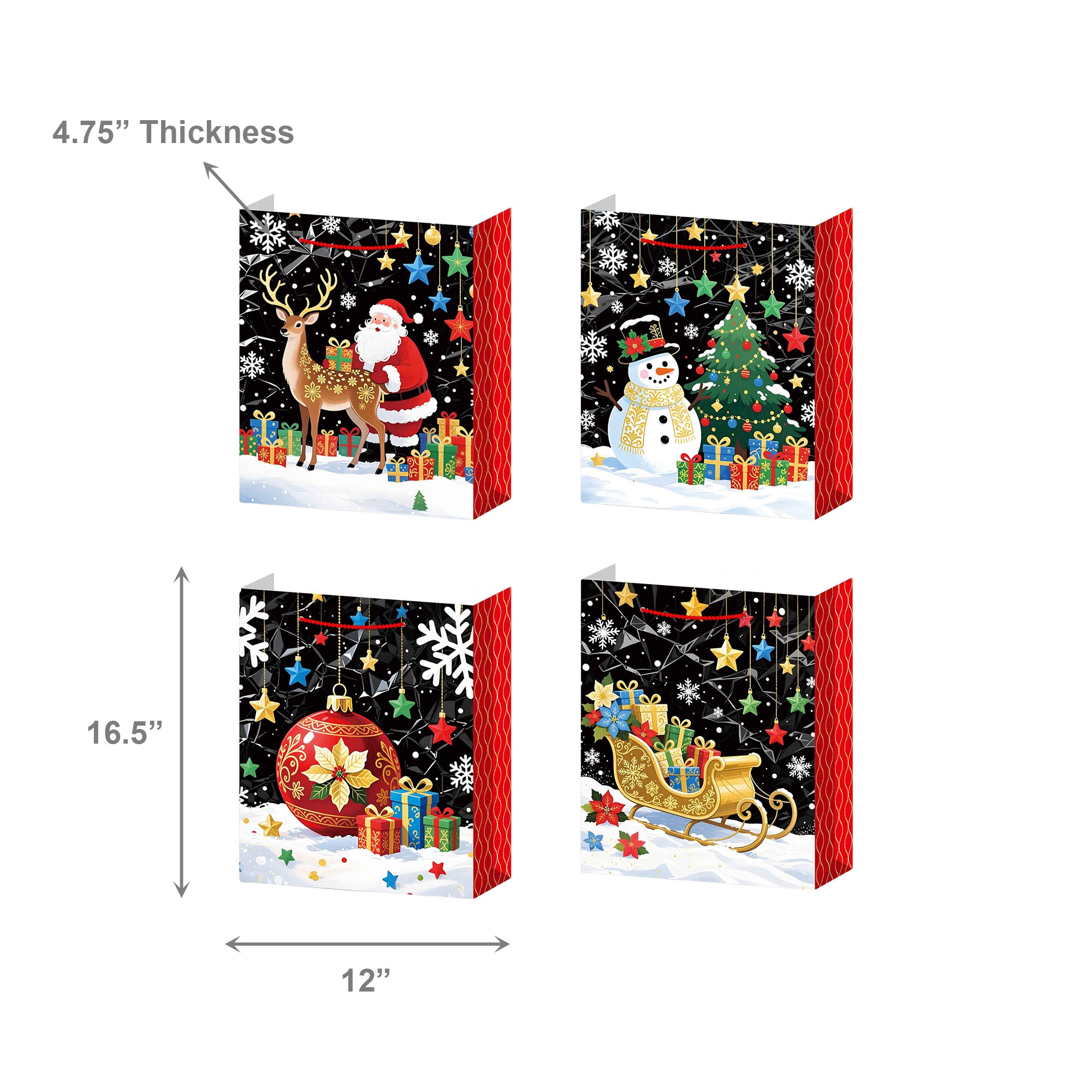 Christmas Gift Bags Black with Glitters Assorted Extra Large, Christmas, Holiday Decor- Set of 12