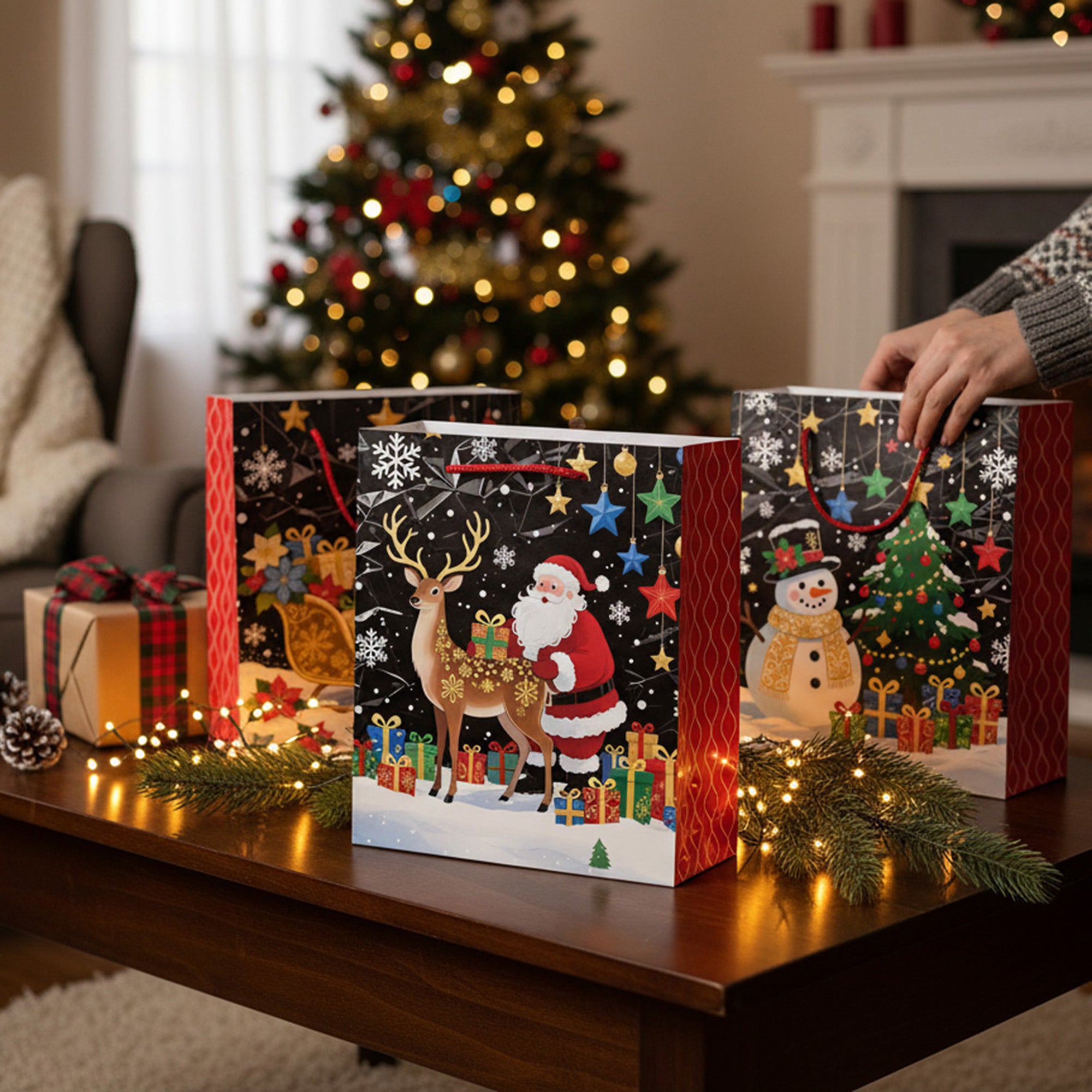Christmas Gift Bags Black with Glitters Assorted Extra Large, Christmas, Holiday Decor- Set of 12