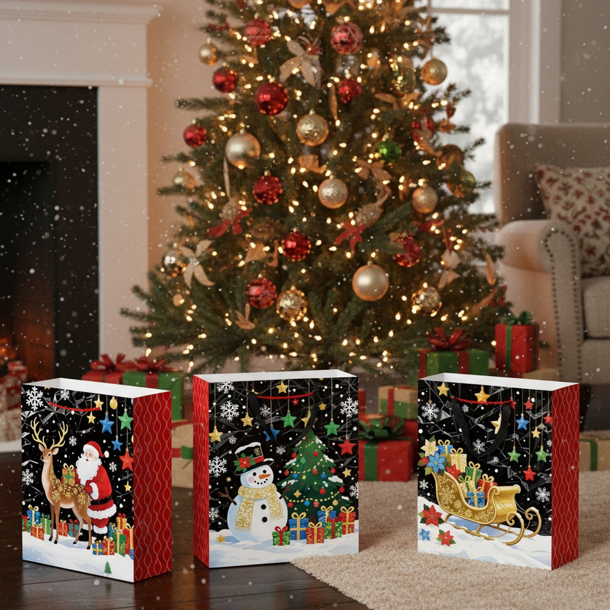 Christmas Gift Bags Black with Glitters Assorted Extra Large, Christmas, Holiday Decor- Set of 12