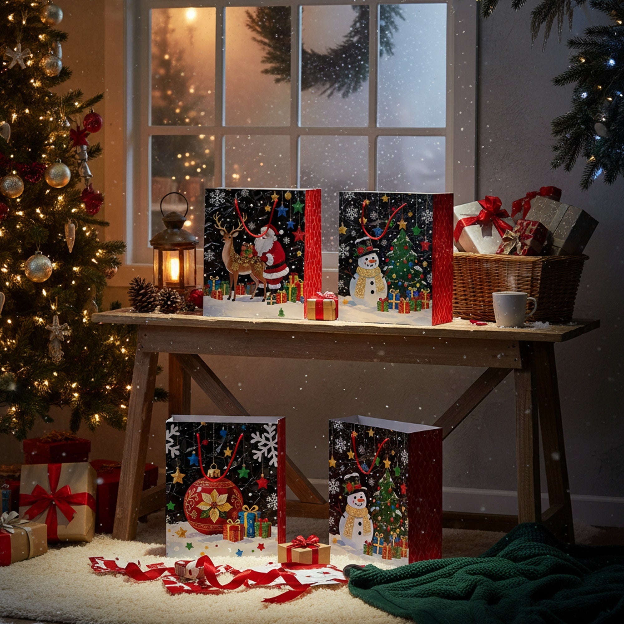 Christmas Gift Bags Black with Glitters Assorted Extra Large, Christmas, Holiday Decor- Set of 12