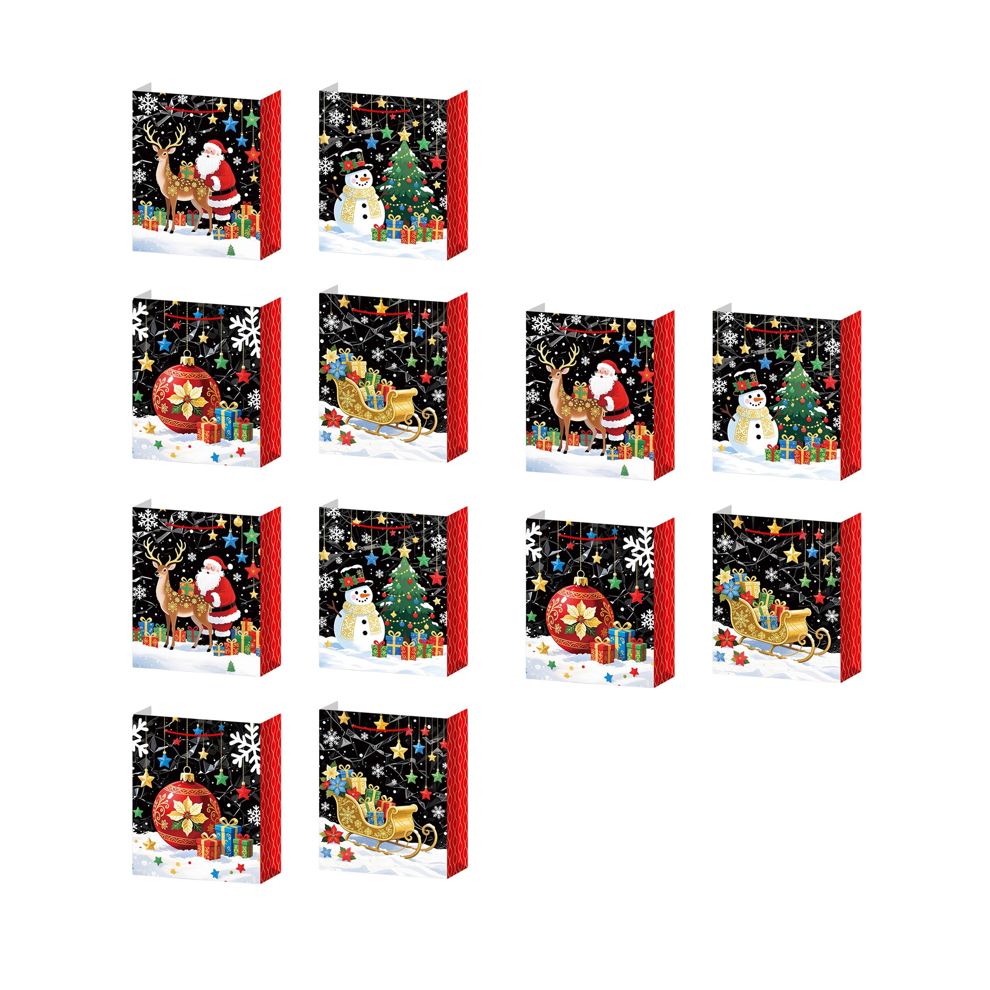 Christmas Gift Bags Black with Glitters Assorted Extra Large, Christmas, Holiday Decor- Set of 12
