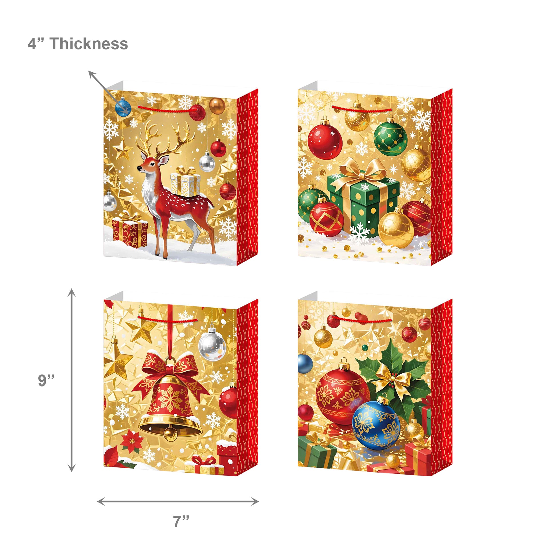 Christmas Gift Bags Gold with Red Side Panels Assorted Medium, Christmas, Holiday Decor- Set of 12
