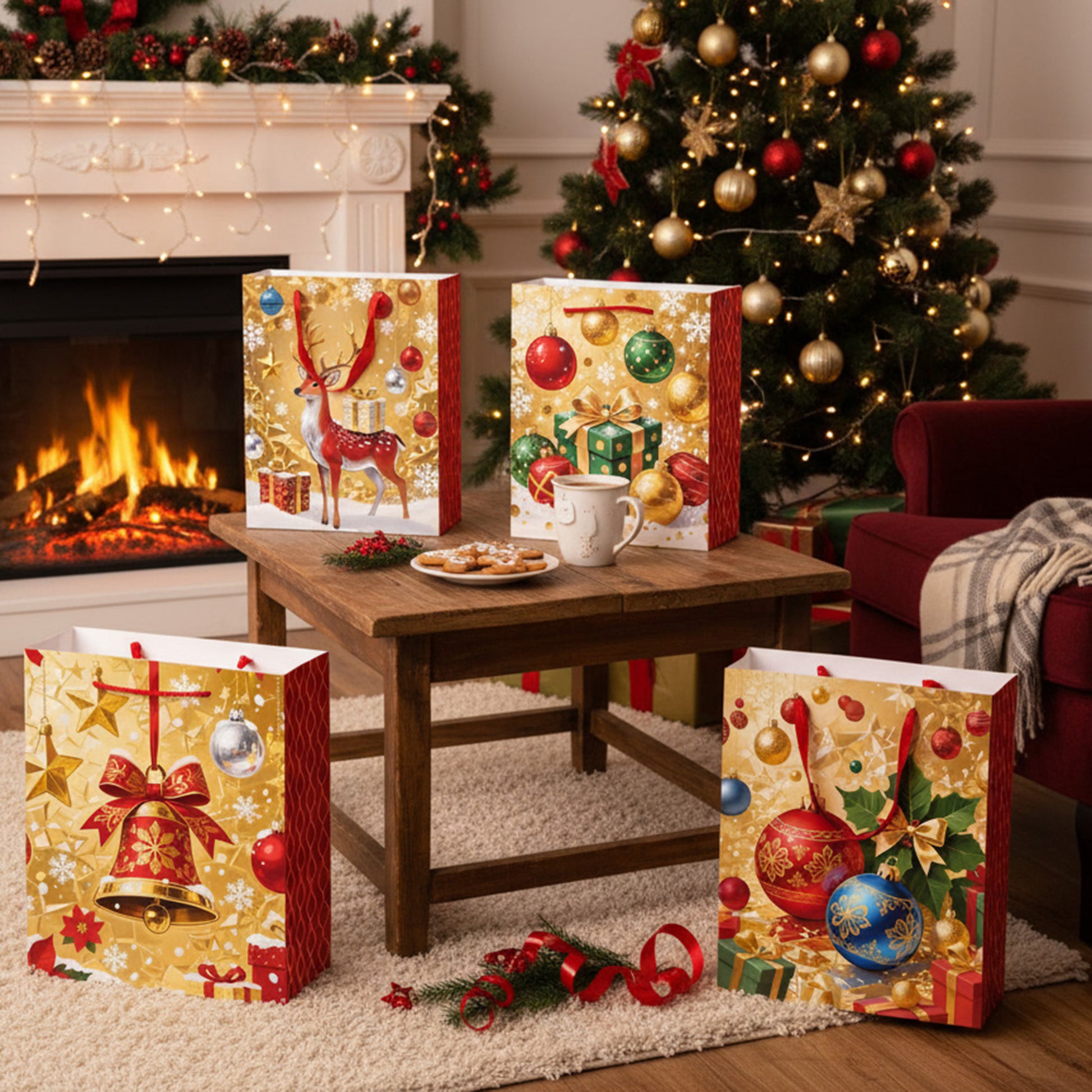 Christmas Gift Bags Gold with Red Side Panels Assorted Medium, Christmas, Holiday Decor- Set of 12