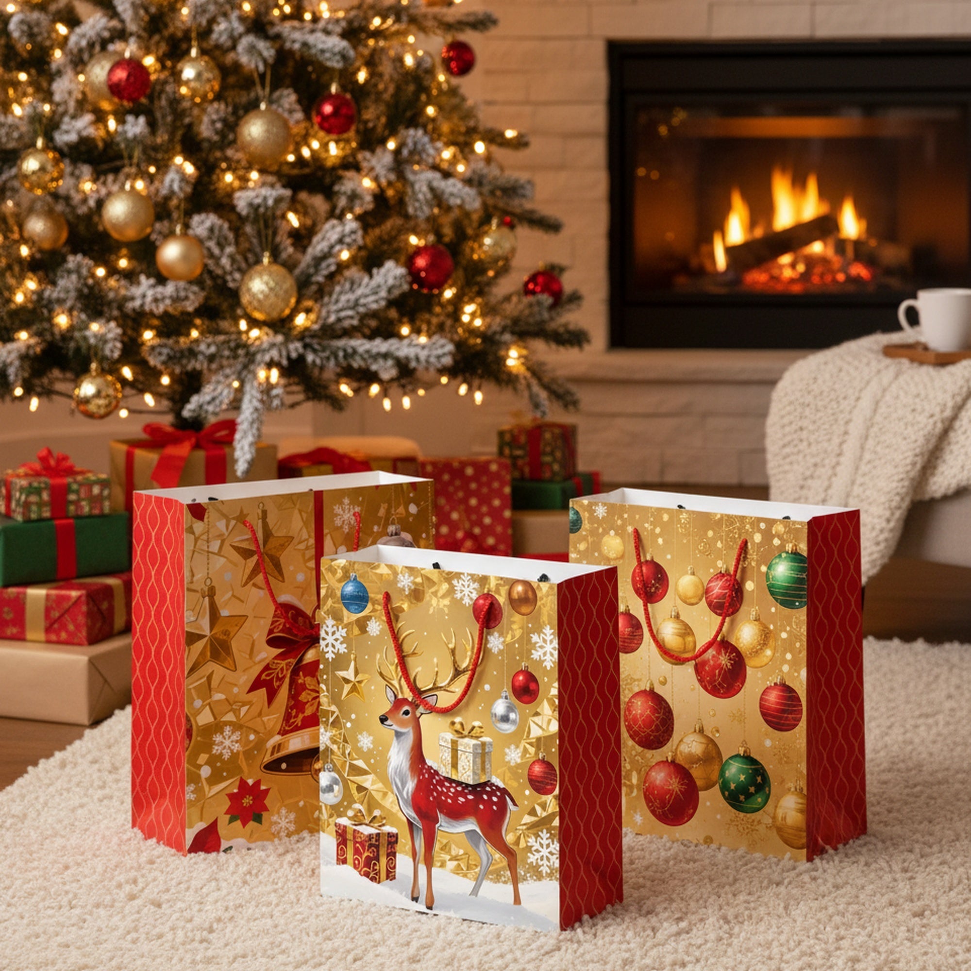 Christmas Gift Bags Gold with Red Side Panels Assorted Medium, Christmas, Holiday Decor- Set of 12