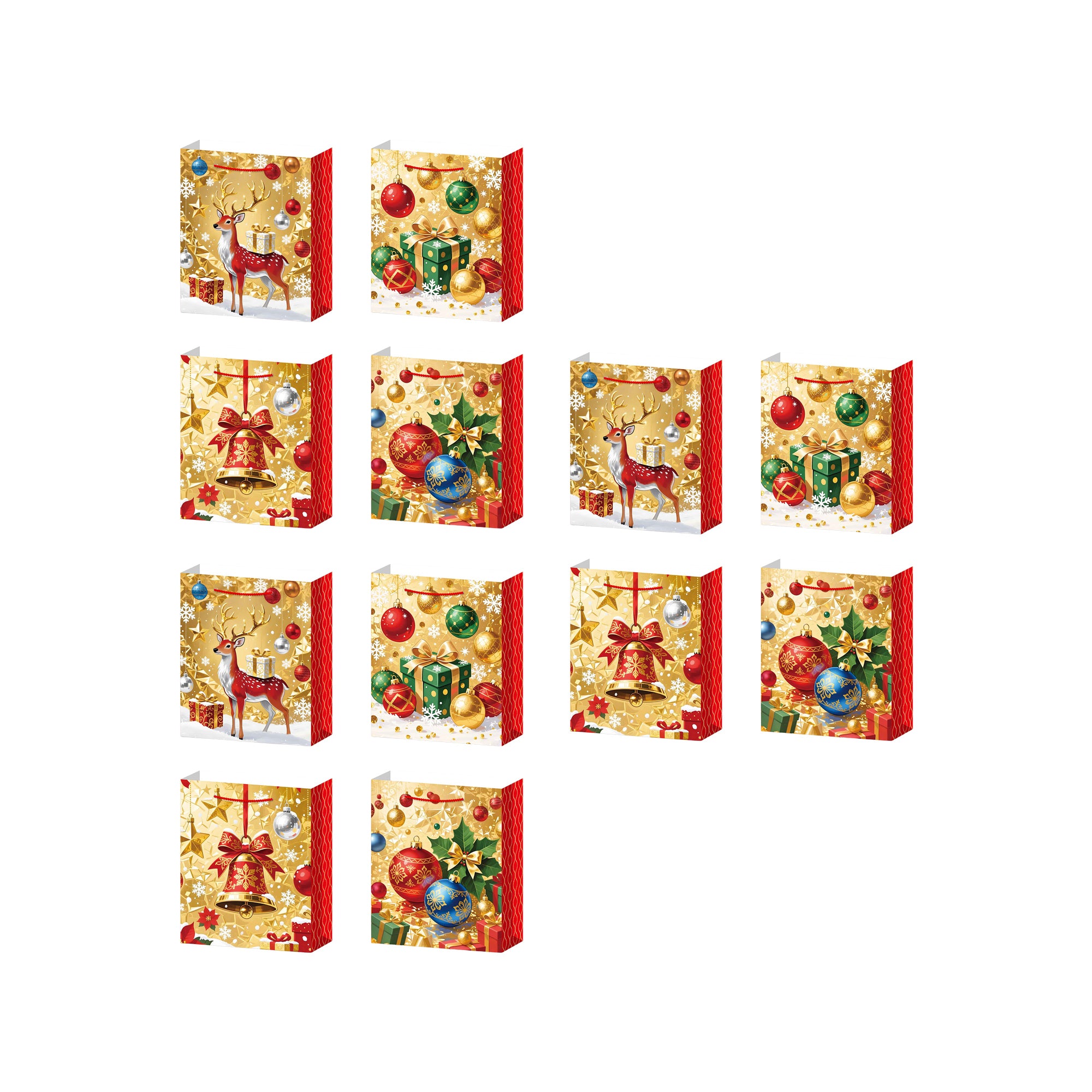 Christmas Gift Bags Gold with Red Side Panels Assorted Medium, Christmas, Holiday Decor- Set of 12