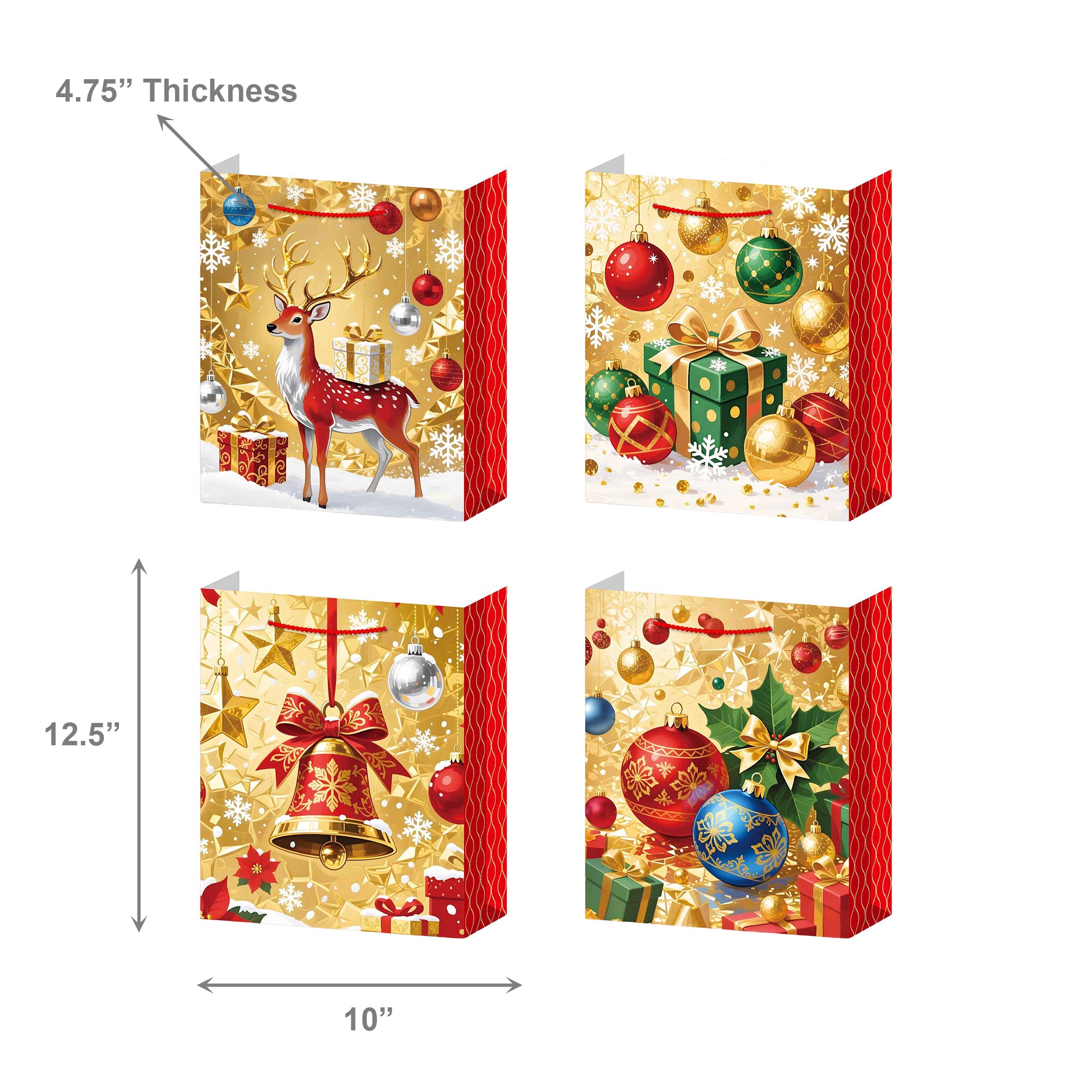 Christmas Gift Bags Gold with Red Side Panels Assorted Large, Christmas, Holiday Decor- Set of 12