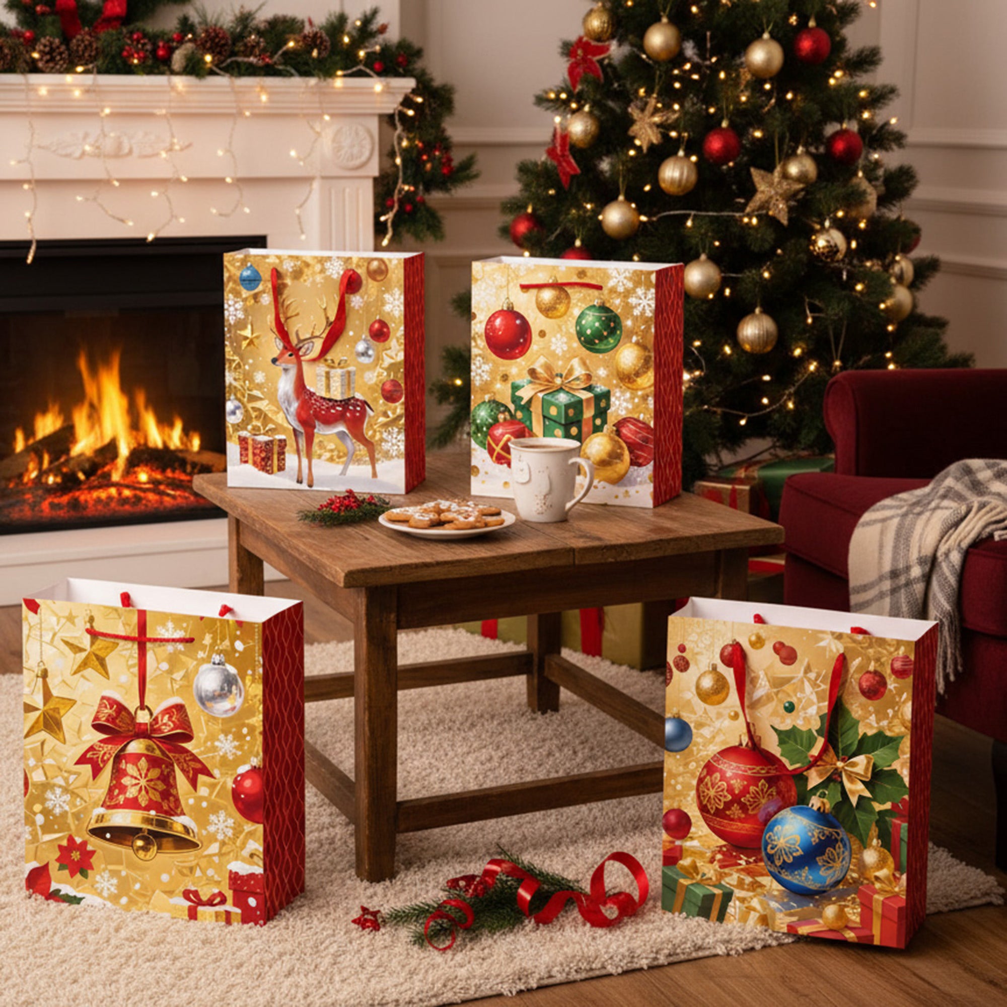 Christmas Gift Bags Gold with Red Side Panels Assorted Large, Christmas, Holiday Decor- Set of 12