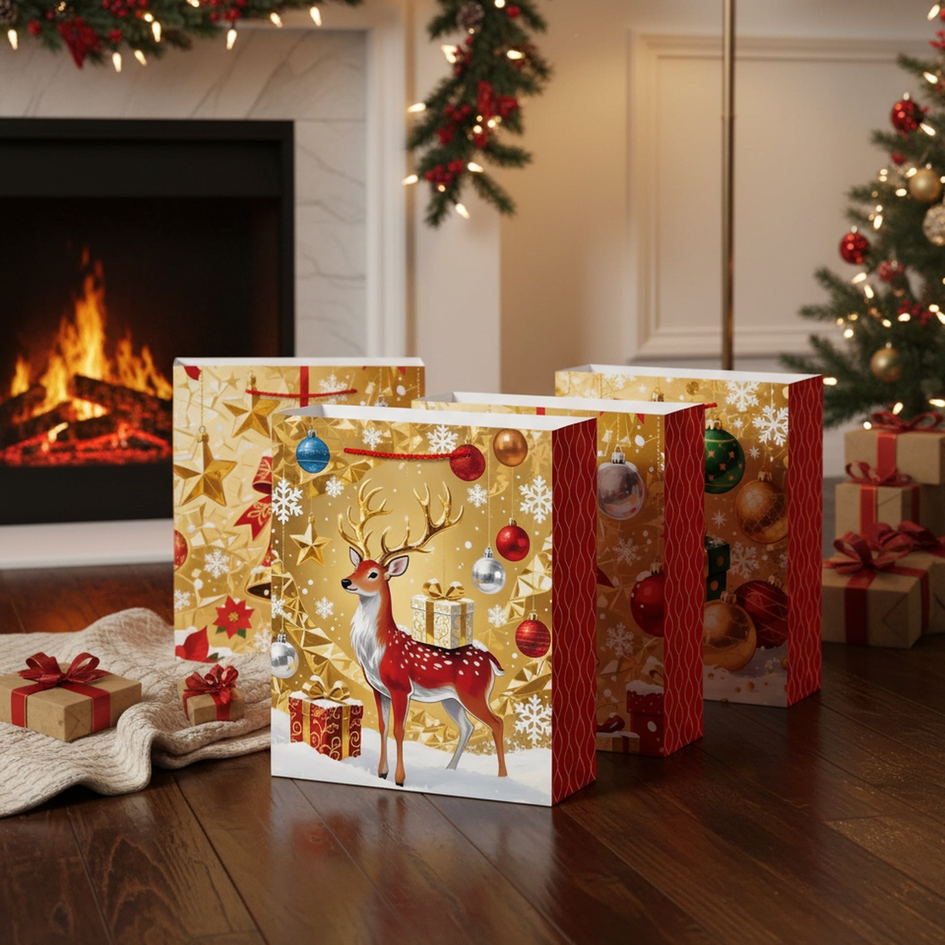 Christmas Gift Bags Gold with Red Side Panels Assorted Large, Christmas, Holiday Decor- Set of 12