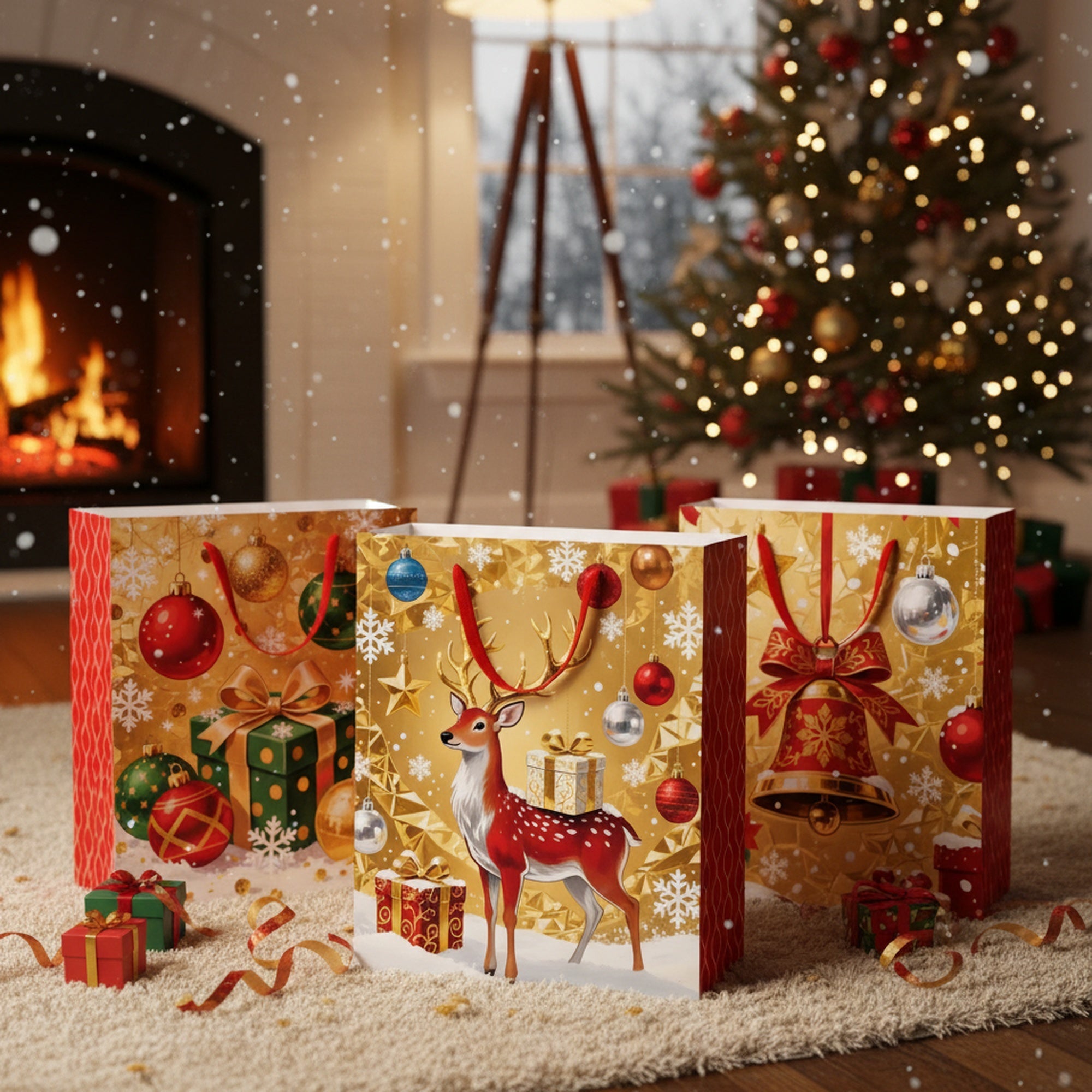 Christmas Gift Bags Gold with Red Side Panels Assorted Large, Christmas, Holiday Decor- Set of 12