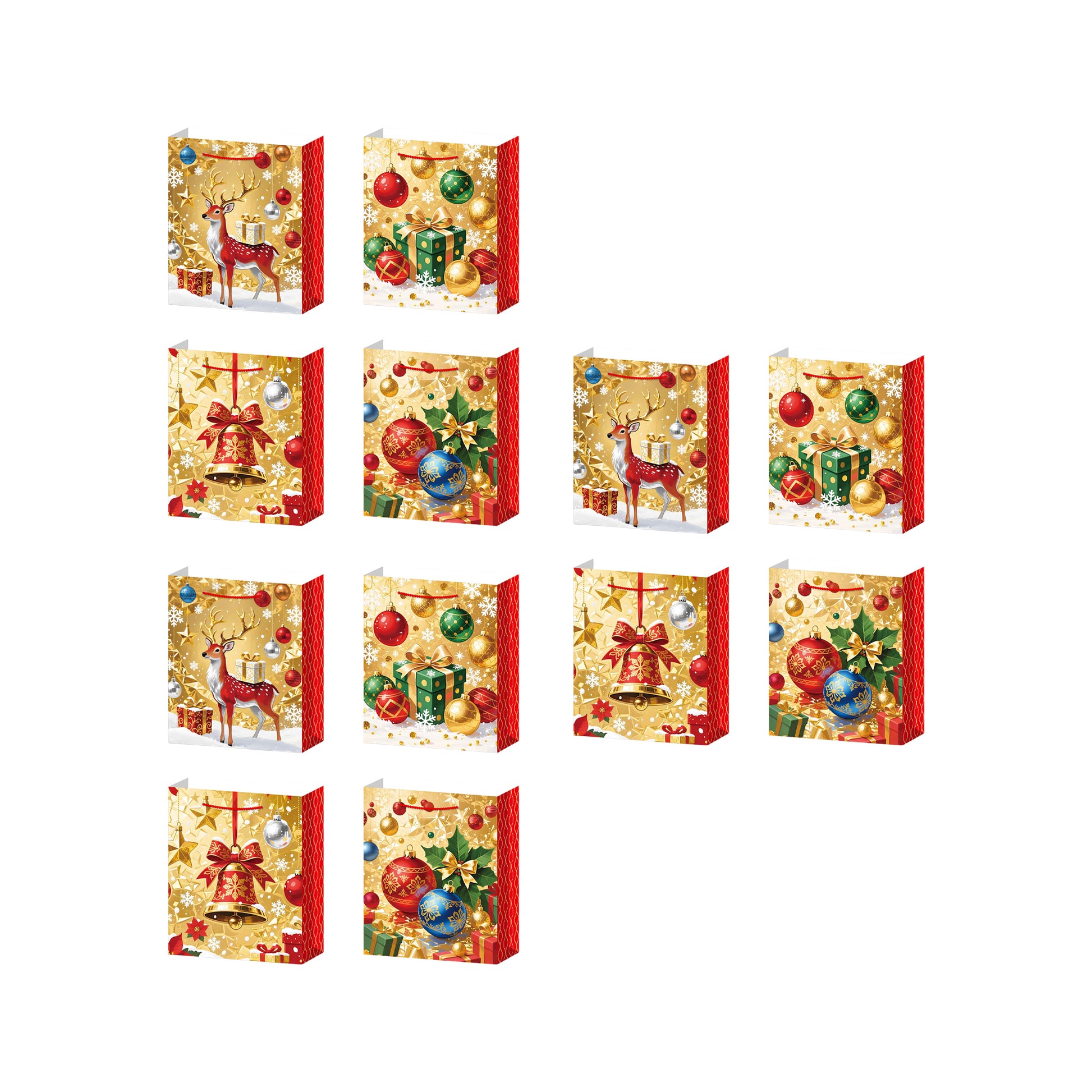 Christmas Gift Bags Gold with Red Side Panels Assorted Large, Christmas, Holiday Decor- Set of 12