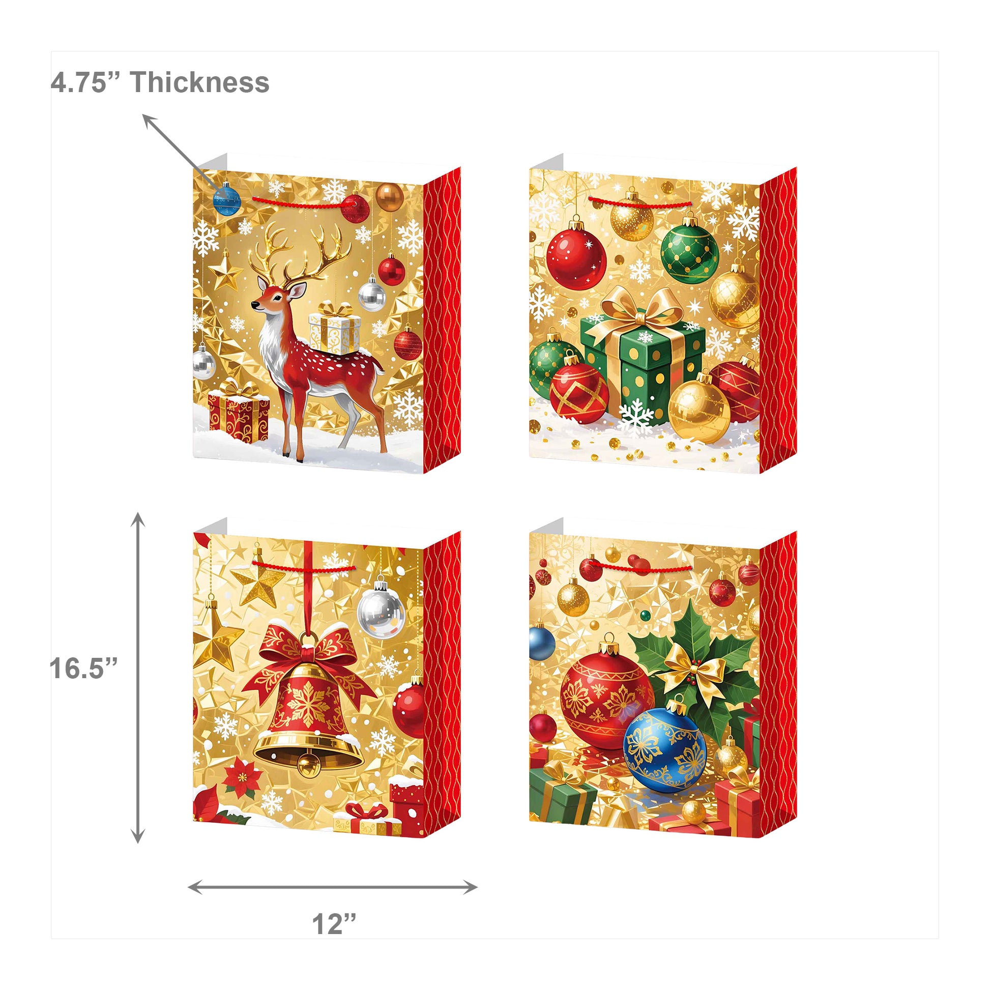 Christmas Gift Bags Gold With Red Side Panels Assorted Extra Large, Christmas, Holiday Decor- Set of 12