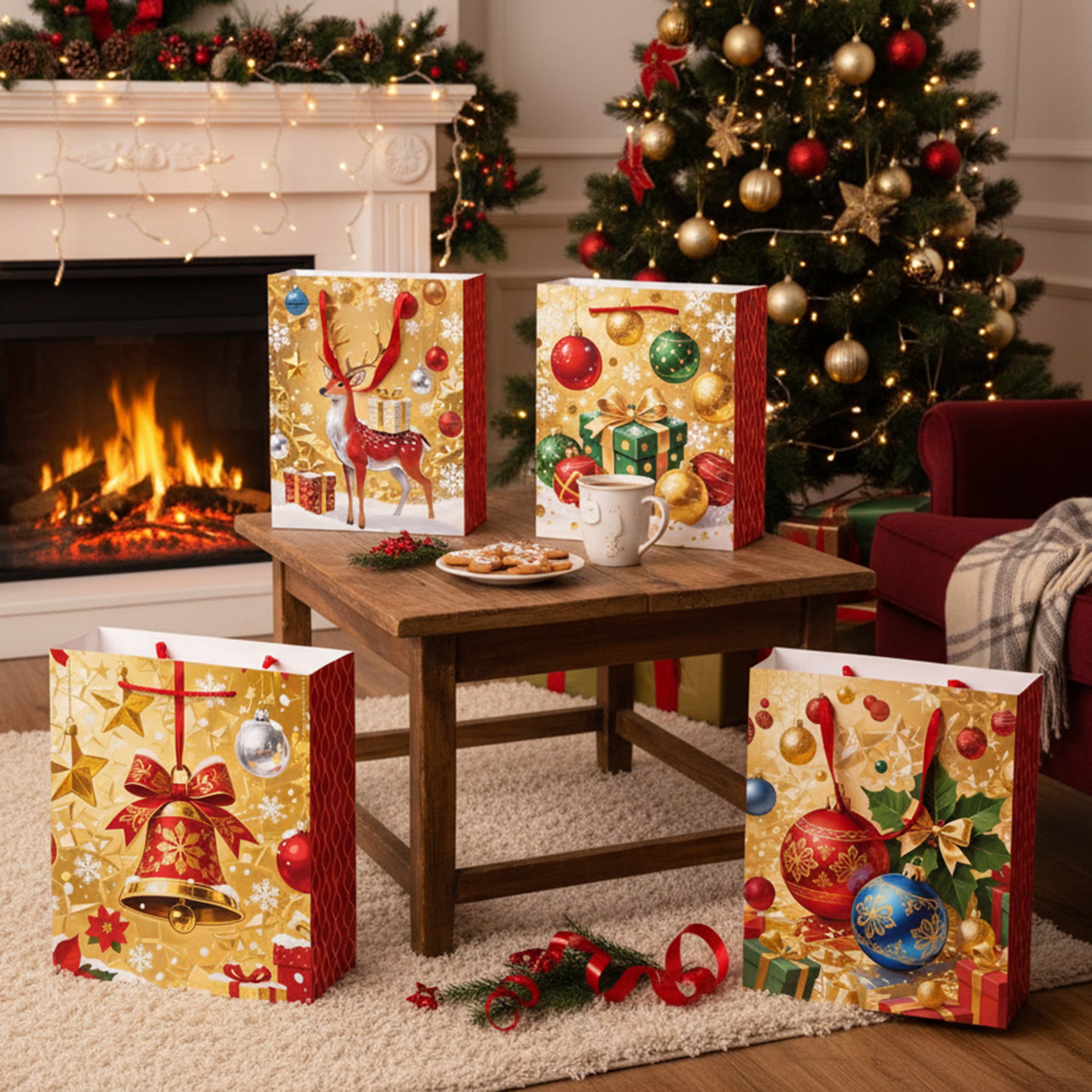 Christmas Gift Bags Gold With Red Side Panels Assorted Extra Large, Christmas, Holiday Decor- Set of 12