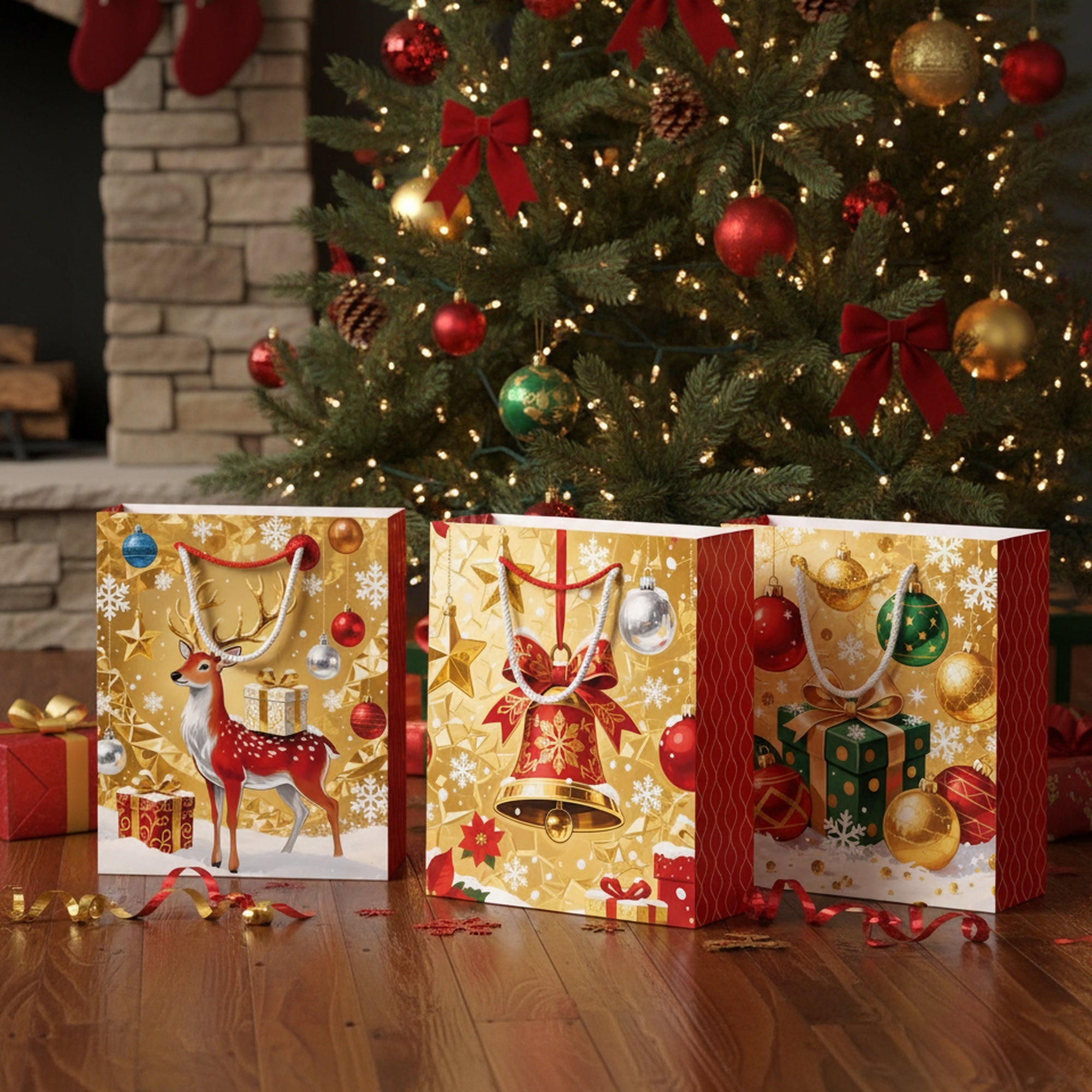 Christmas Gift Bags Gold With Red Side Panels Assorted Extra Large, Christmas, Holiday Decor- Set of 12