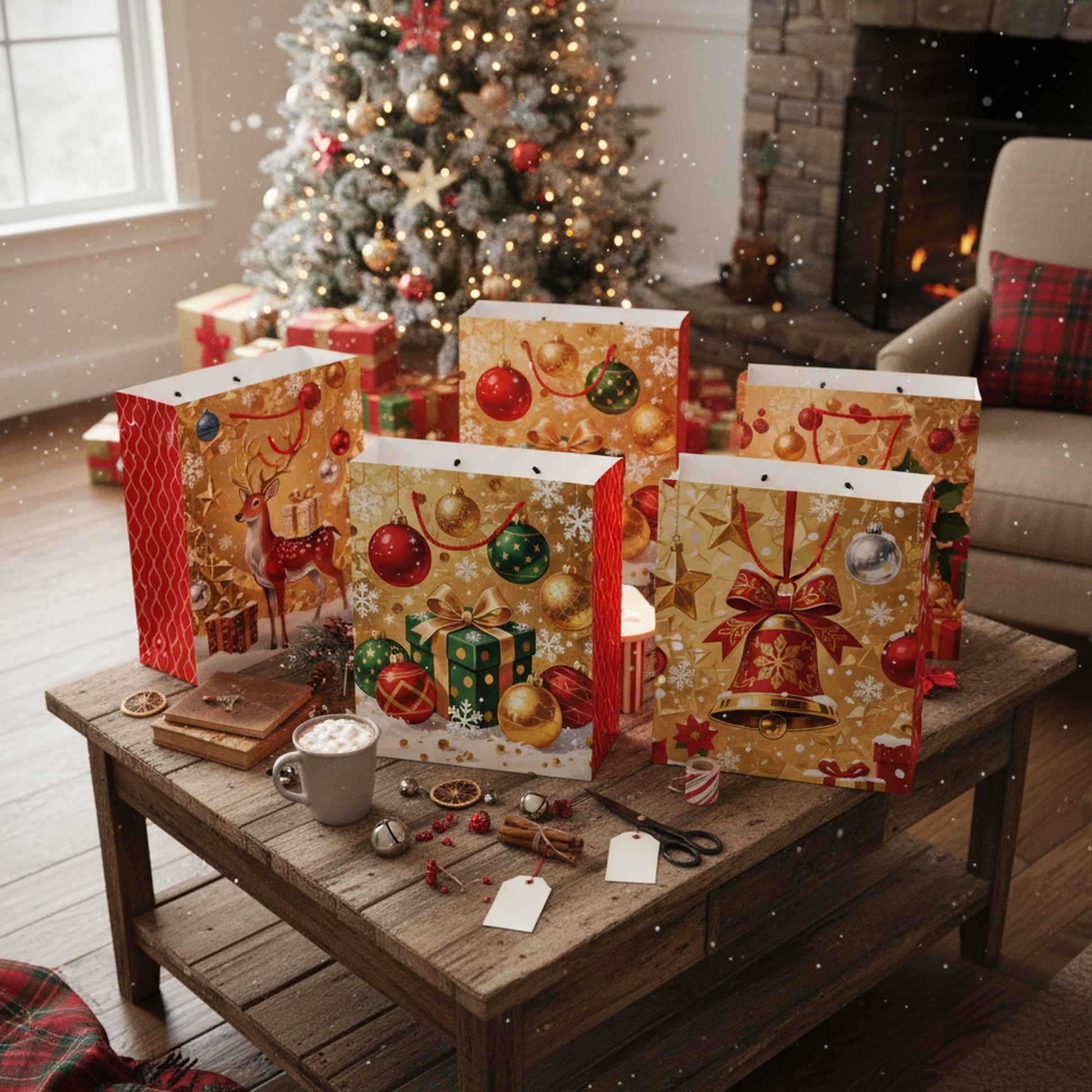 Christmas Gift Bags Gold With Red Side Panels Assorted Extra Large, Christmas, Holiday Decor- Set of 12