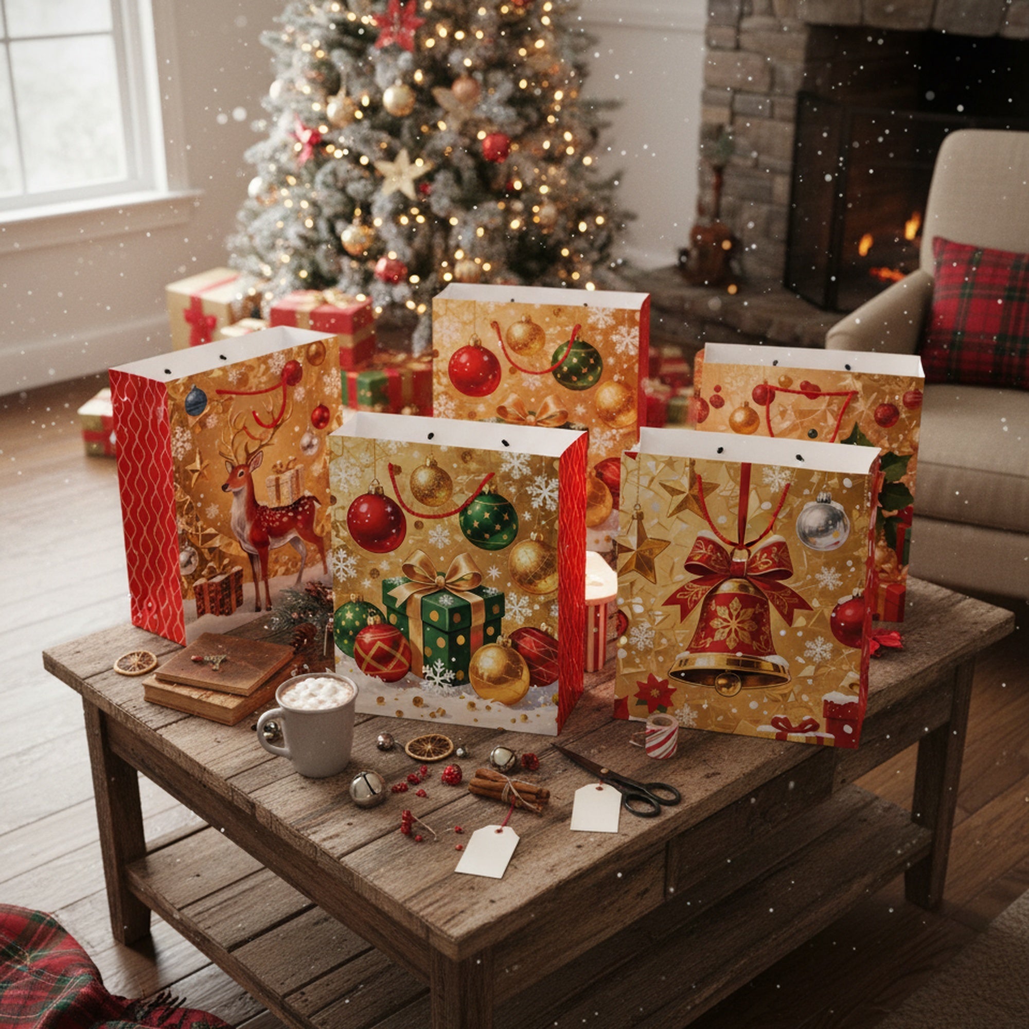 Christmas Gift Bags Gold With Red Side Panels Assorted Extra Large, Christmas, Holiday Decor- Set of 12
