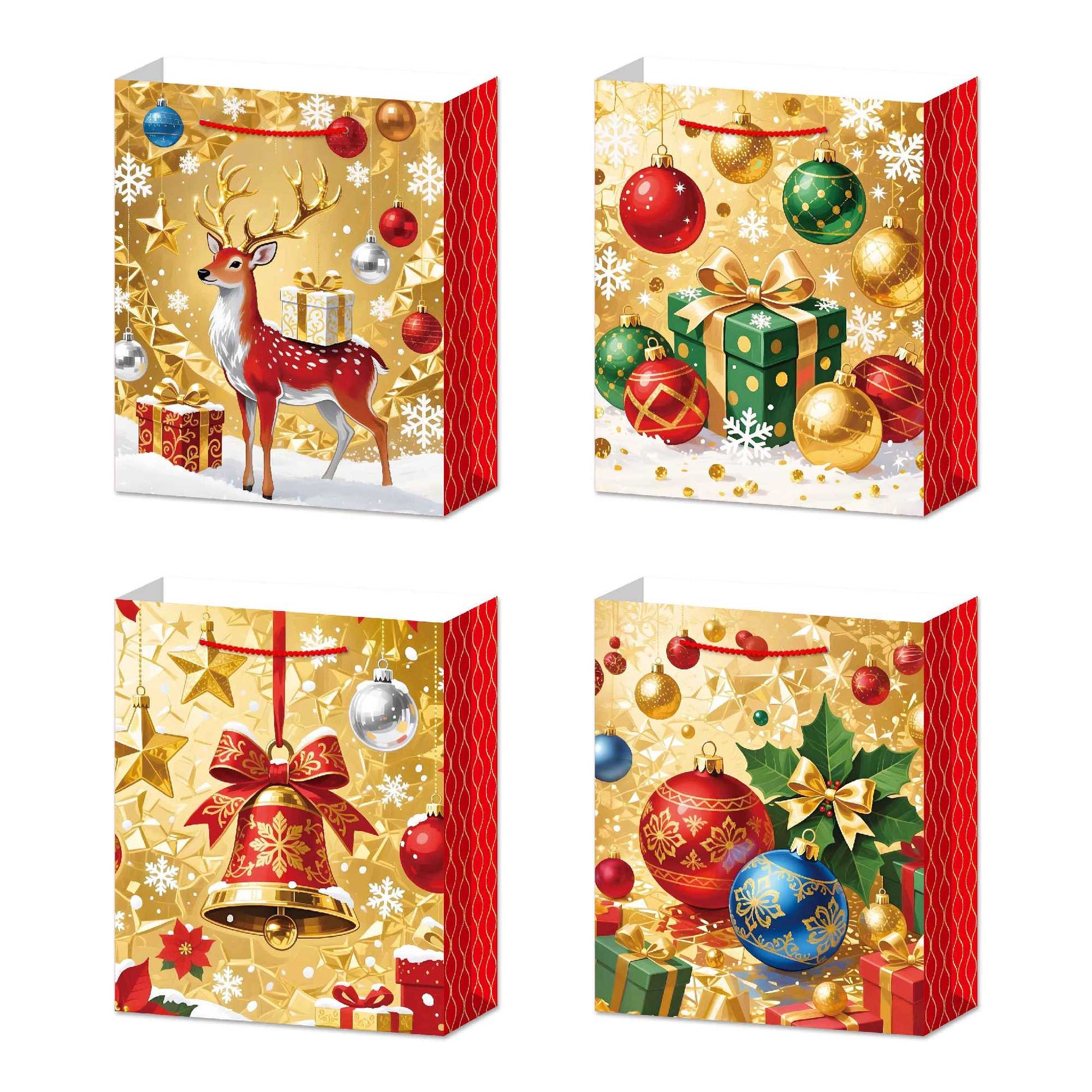Christmas Gift Bags Gold With Red Side Panels Assorted Extra Large, Christmas, Holiday Decor- Set of 12