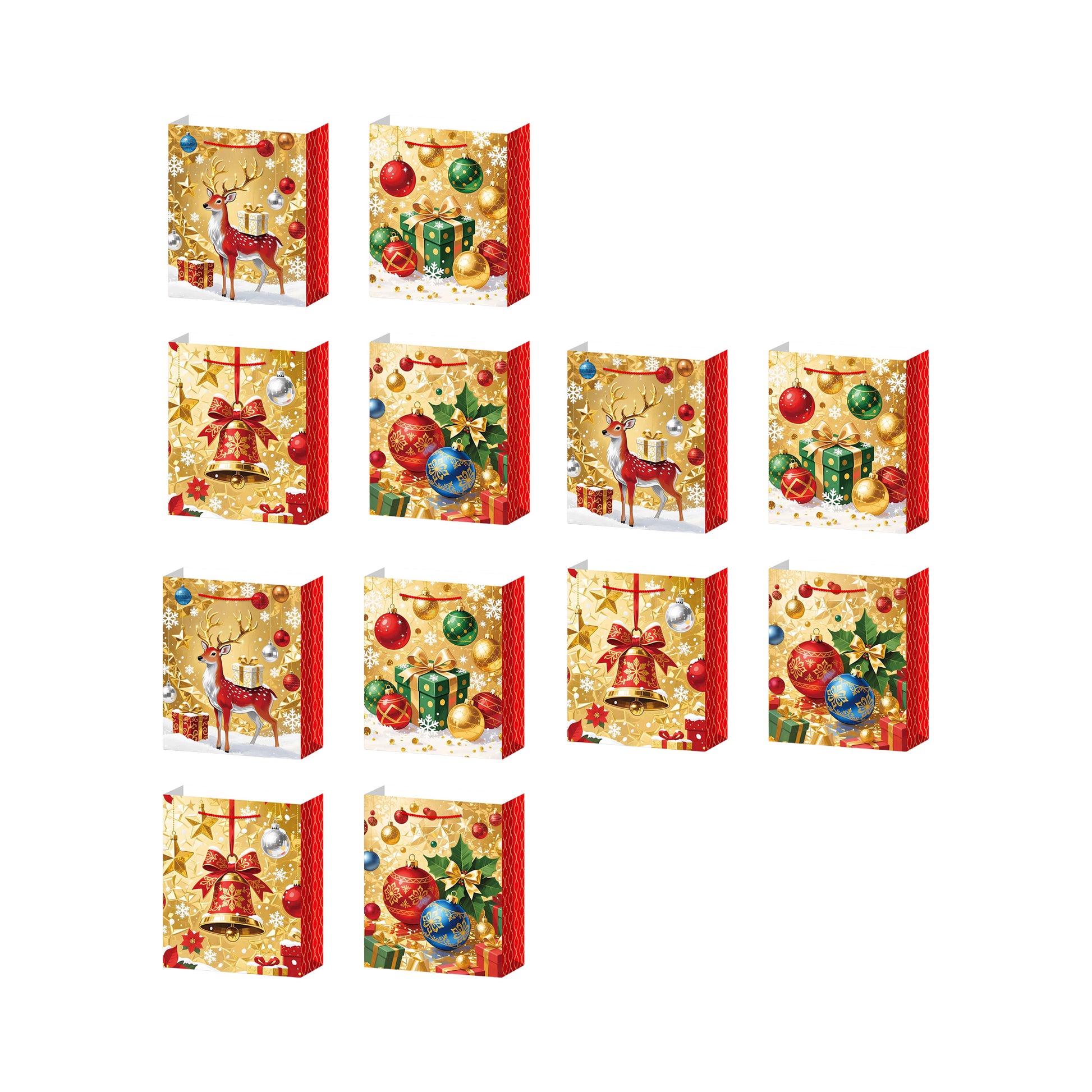 Christmas Gift Bags Gold With Red Side Panels Assorted Extra Large, Christmas, Holiday Decor- Set of 12