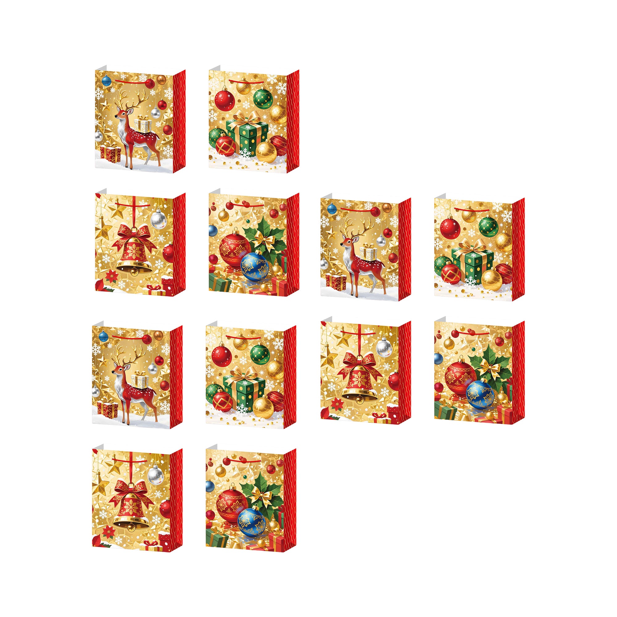 Christmas Gift Bags Gold With Red Side Panels Assorted Extra Large, Christmas, Holiday Decor- Set of 12