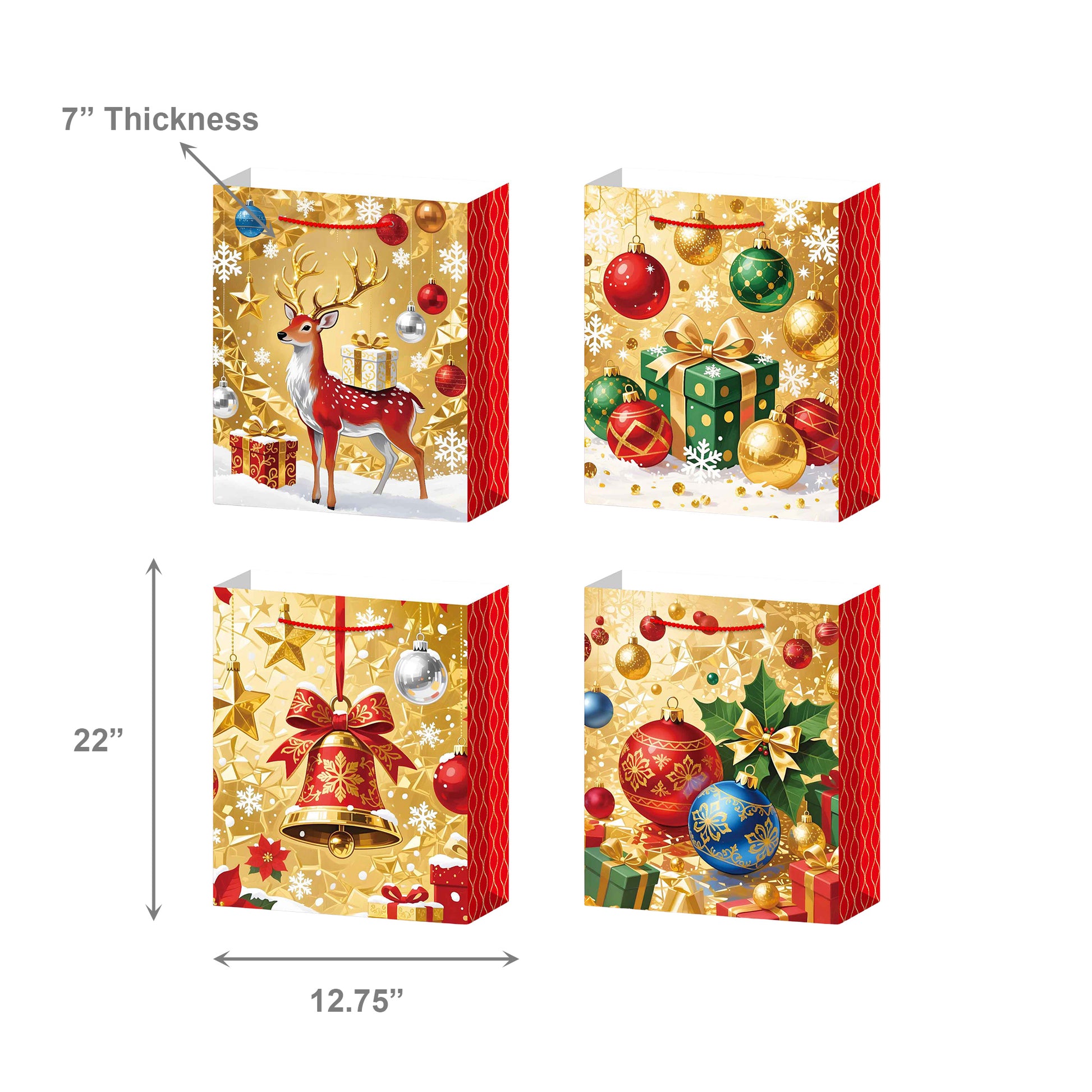 Christmas Gift Bags Gold with Red Side Panels Assorted 2X Large, Christmas, Holiday Decor- Set of 12
