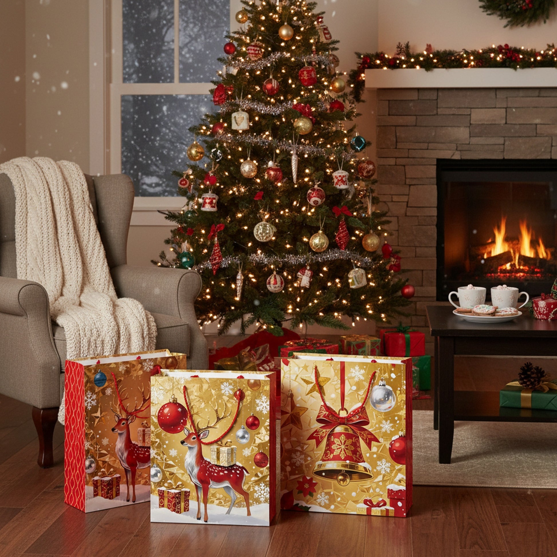 Christmas Gift Bags Gold with Red Side Panels Assorted 2X Large, Christmas, Holiday Decor- Set of 12