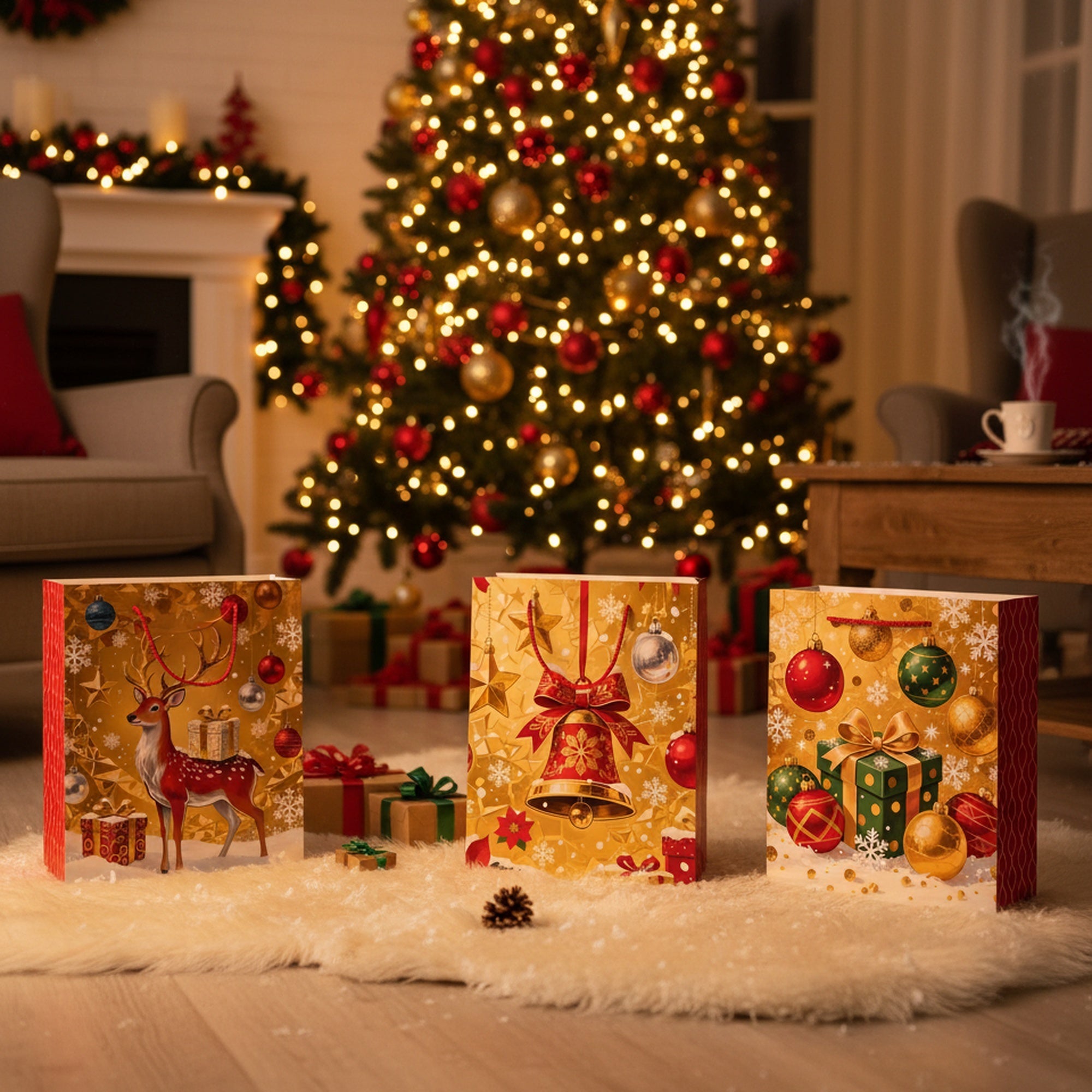 Christmas Gift Bags Gold with Red Side Panels Assorted 2X Large, Christmas, Holiday Decor- Set of 12