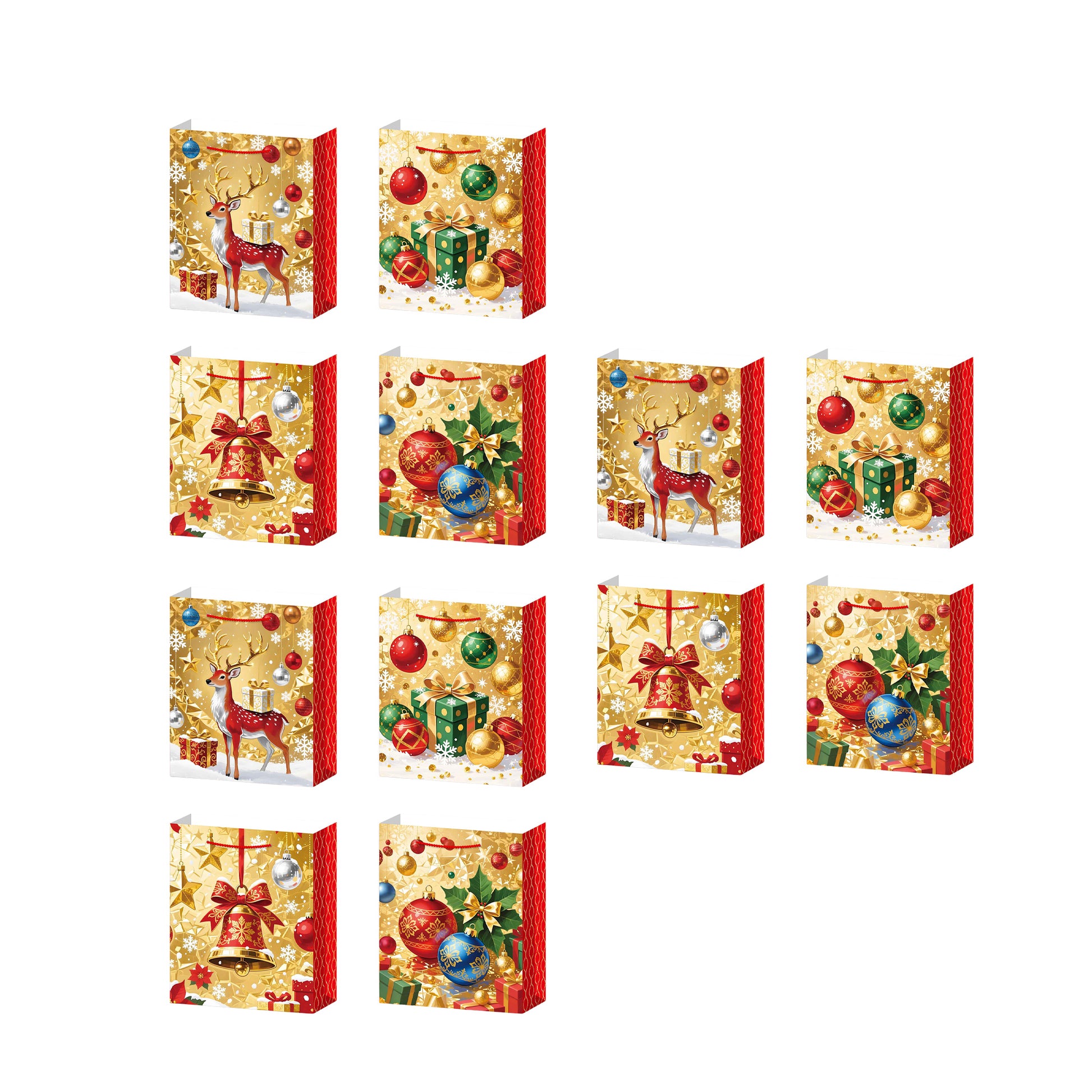 Christmas Gift Bags Gold with Red Side Panels Assorted 2X Large, Christmas, Holiday Decor- Set of 12
