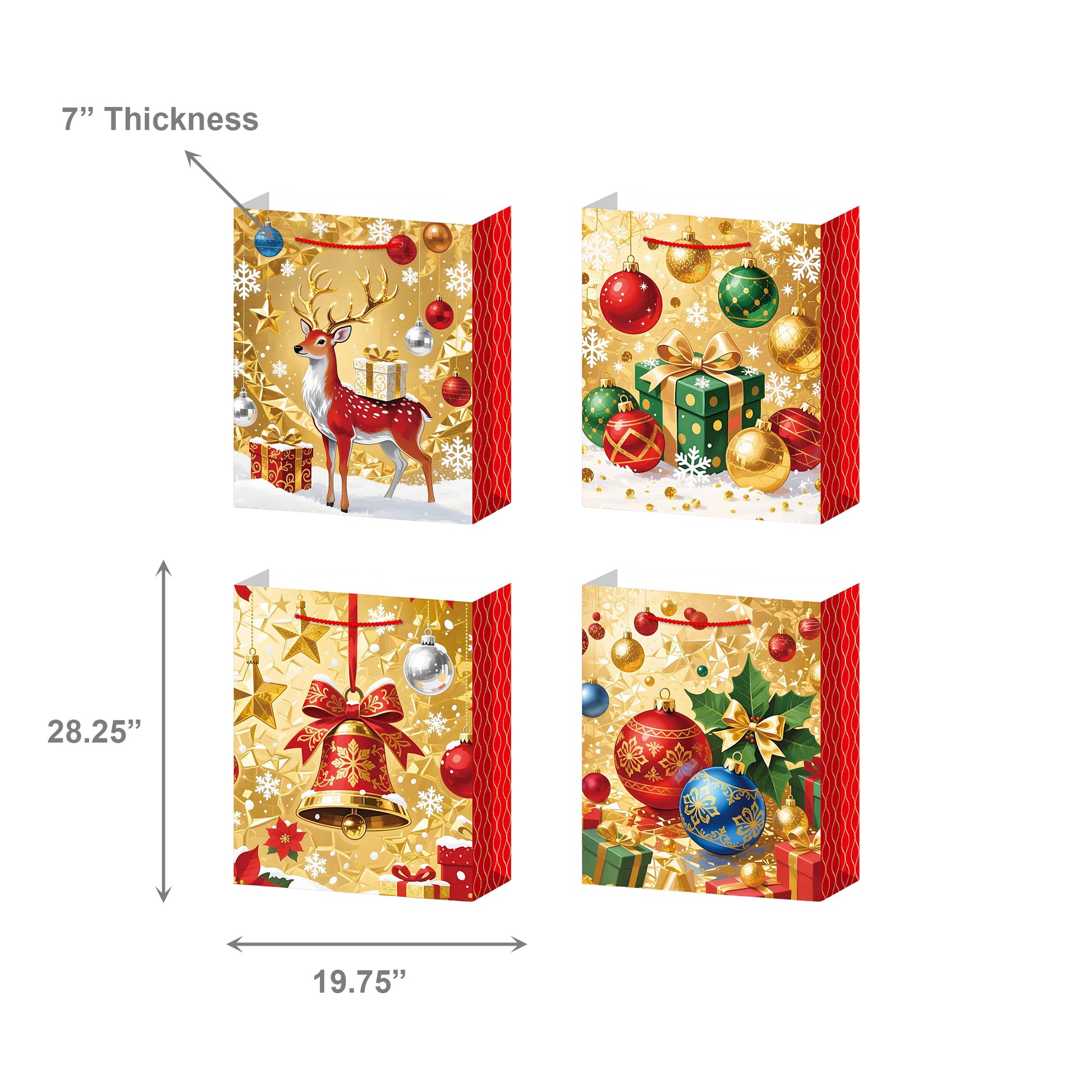 Christmas Gift Bags Gold with Red Side Panels Assorted 3X Large, Christmas, Holiday Decor- Set of 12