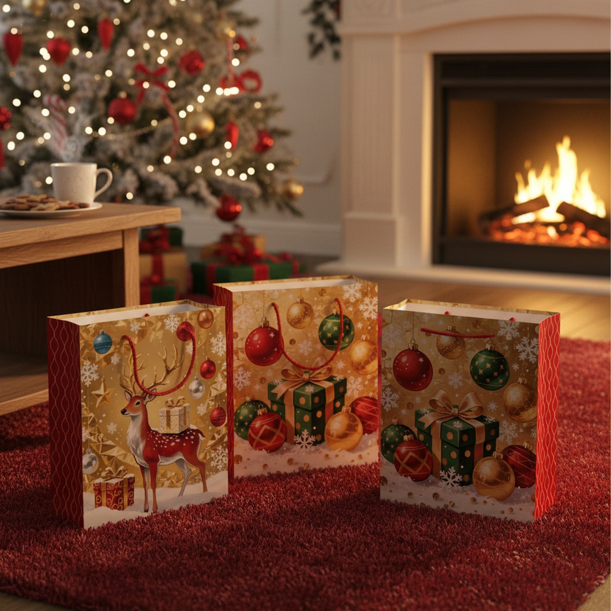 Christmas Gift Bags Gold with Red Side Panels Assorted 3X Large, Christmas, Holiday Decor- Set of 12
