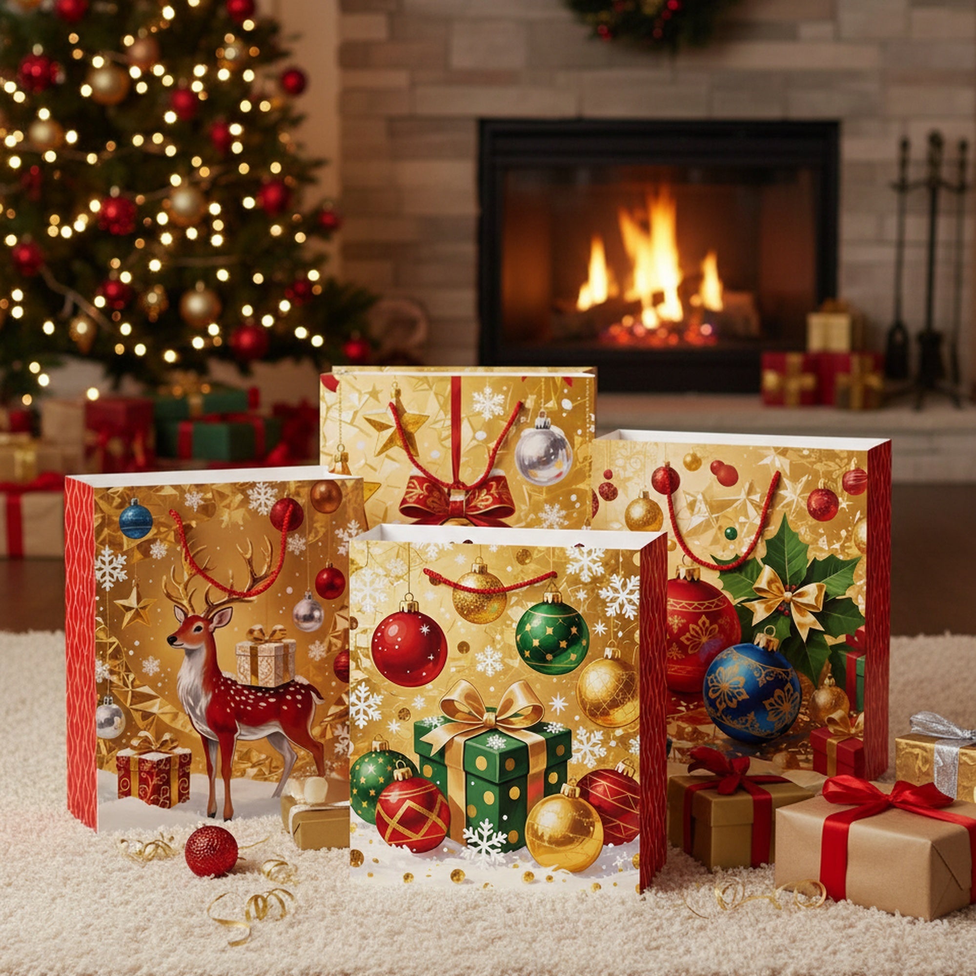 Christmas Gift Bags Gold with Red Side Panels Assorted 3X Large, Christmas, Holiday Decor- Set of 12