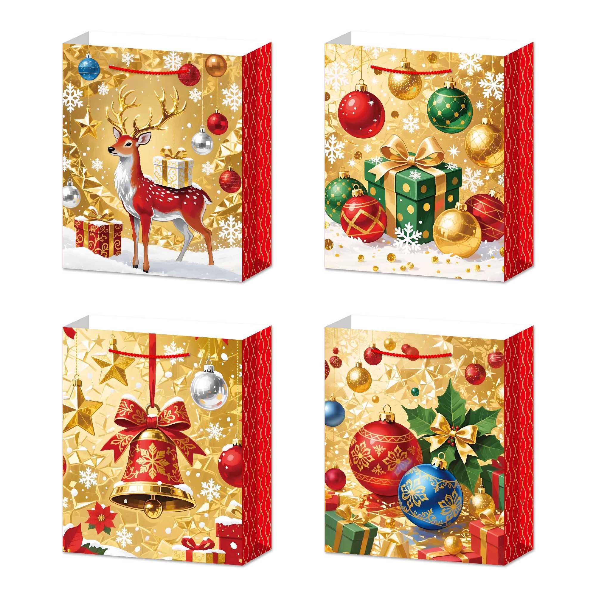 Christmas Gift Bags Gold with Red Side Panels Assorted 3X Large, Christmas, Holiday Decor- Set of 12