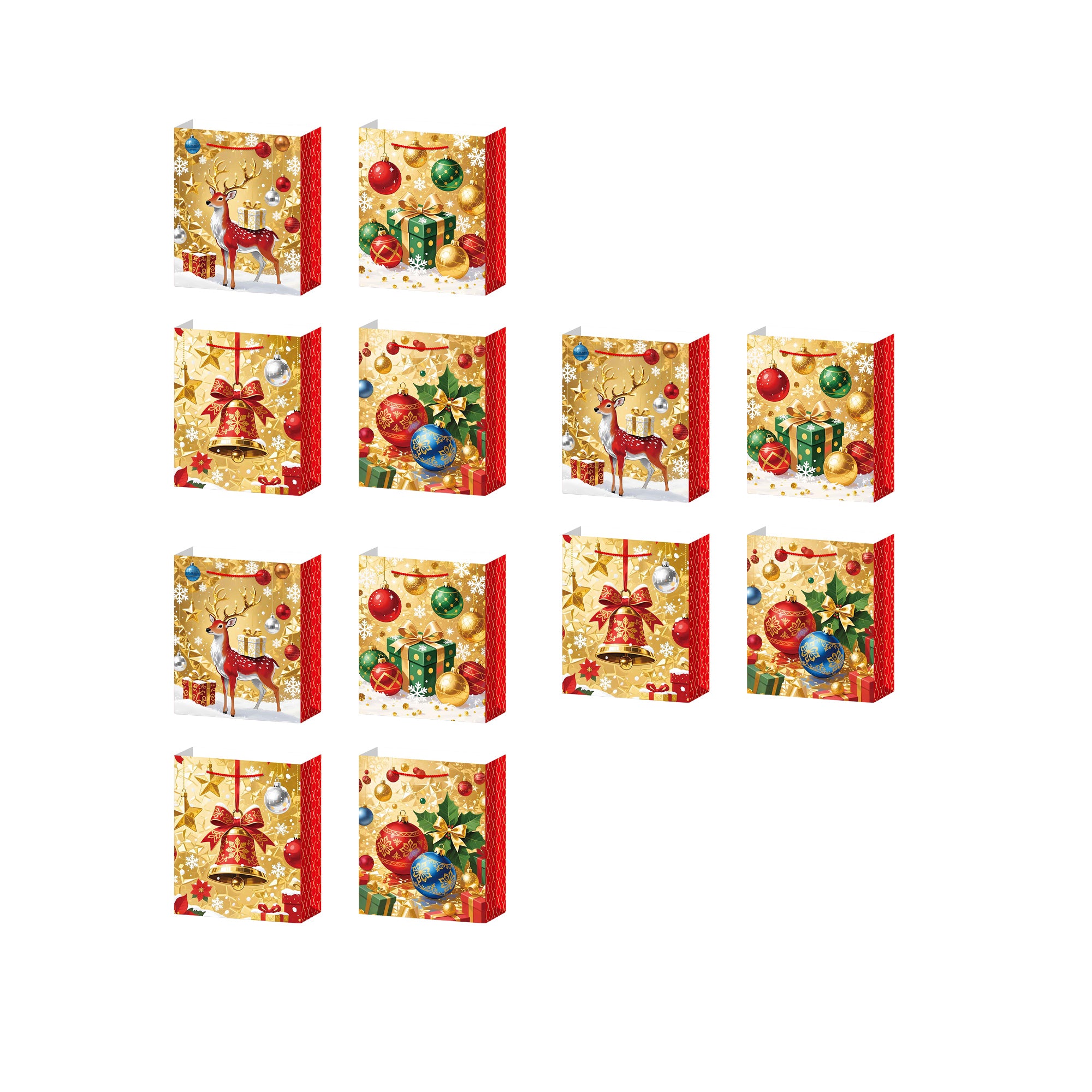 Christmas Gift Bags Gold with Red Side Panels Assorted 3X Large, Christmas, Holiday Decor- Set of 12