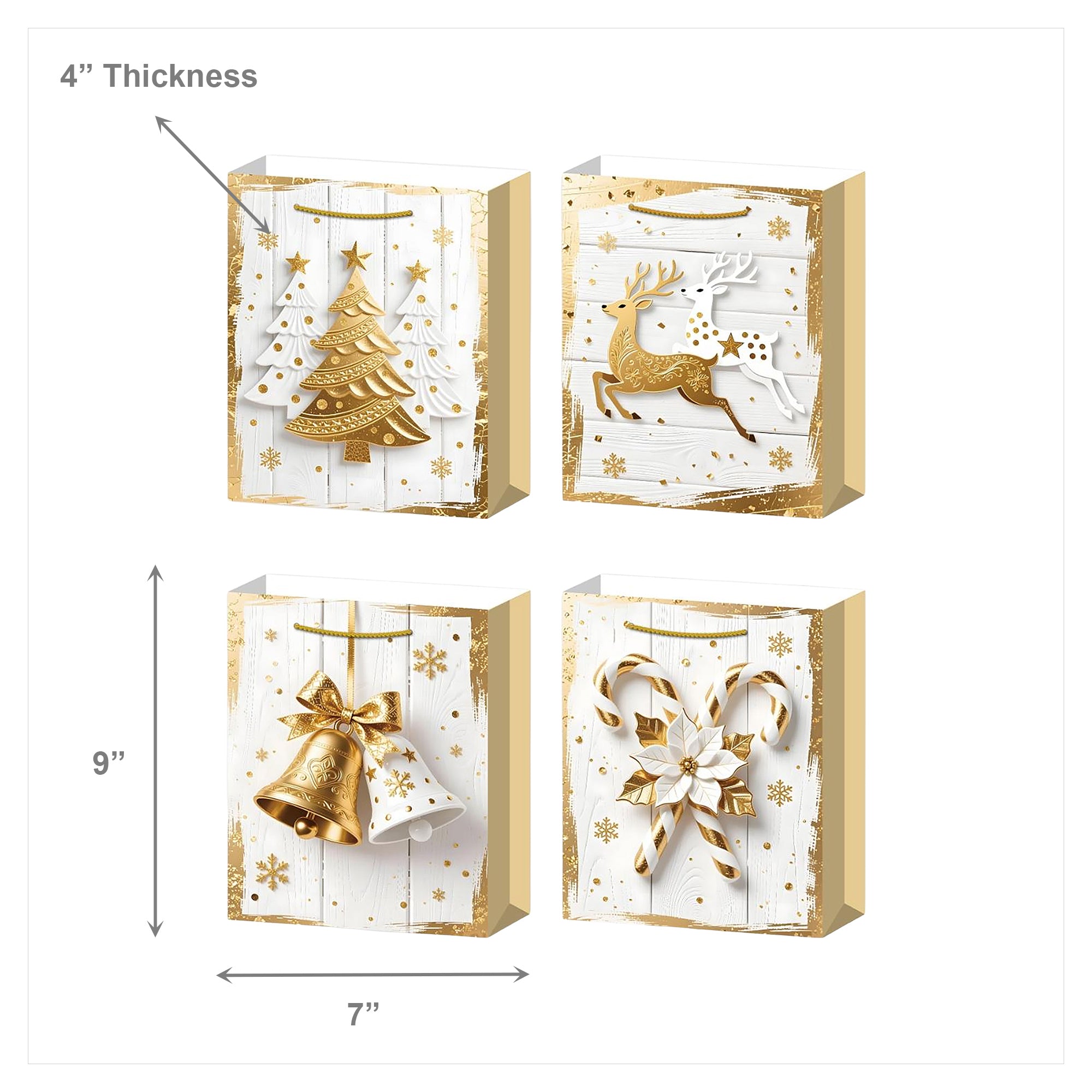 Christmas Gift Bags White Wood & Gold Icons Assorted Medium, Christmas, Holiday Decor- Set of 12