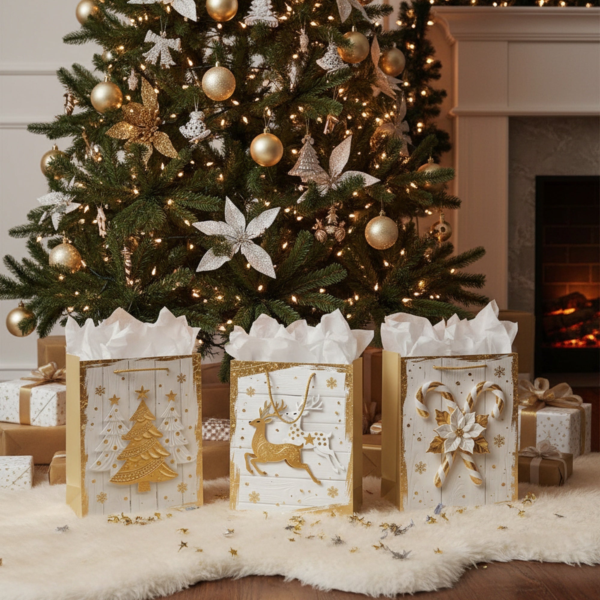 Christmas Gift Bags White Wood & Gold Icons Assorted Medium, Christmas, Holiday Decor- Set of 12