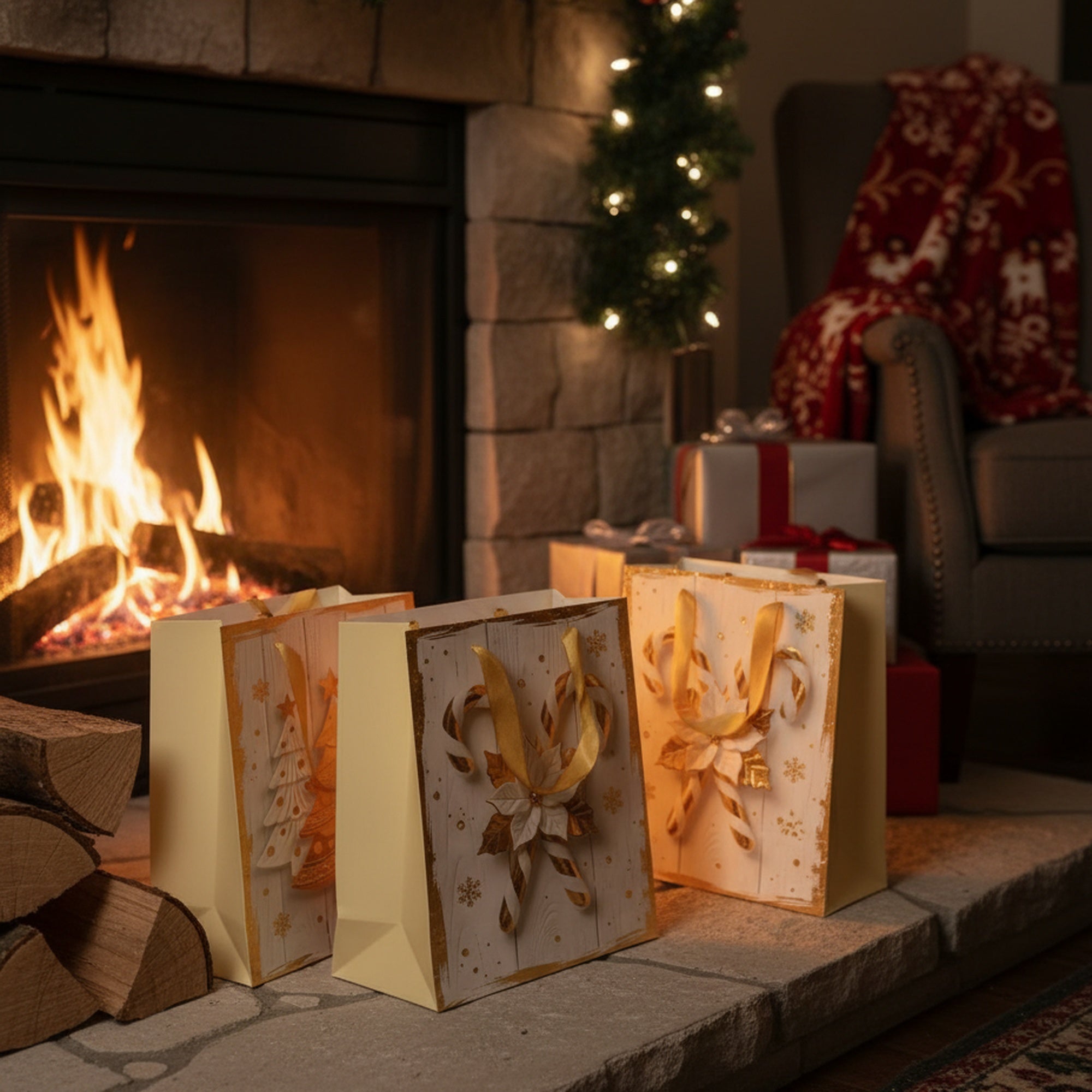 Christmas Gift Bags White Wood & Gold Icons Assorted Medium, Christmas, Holiday Decor- Set of 12