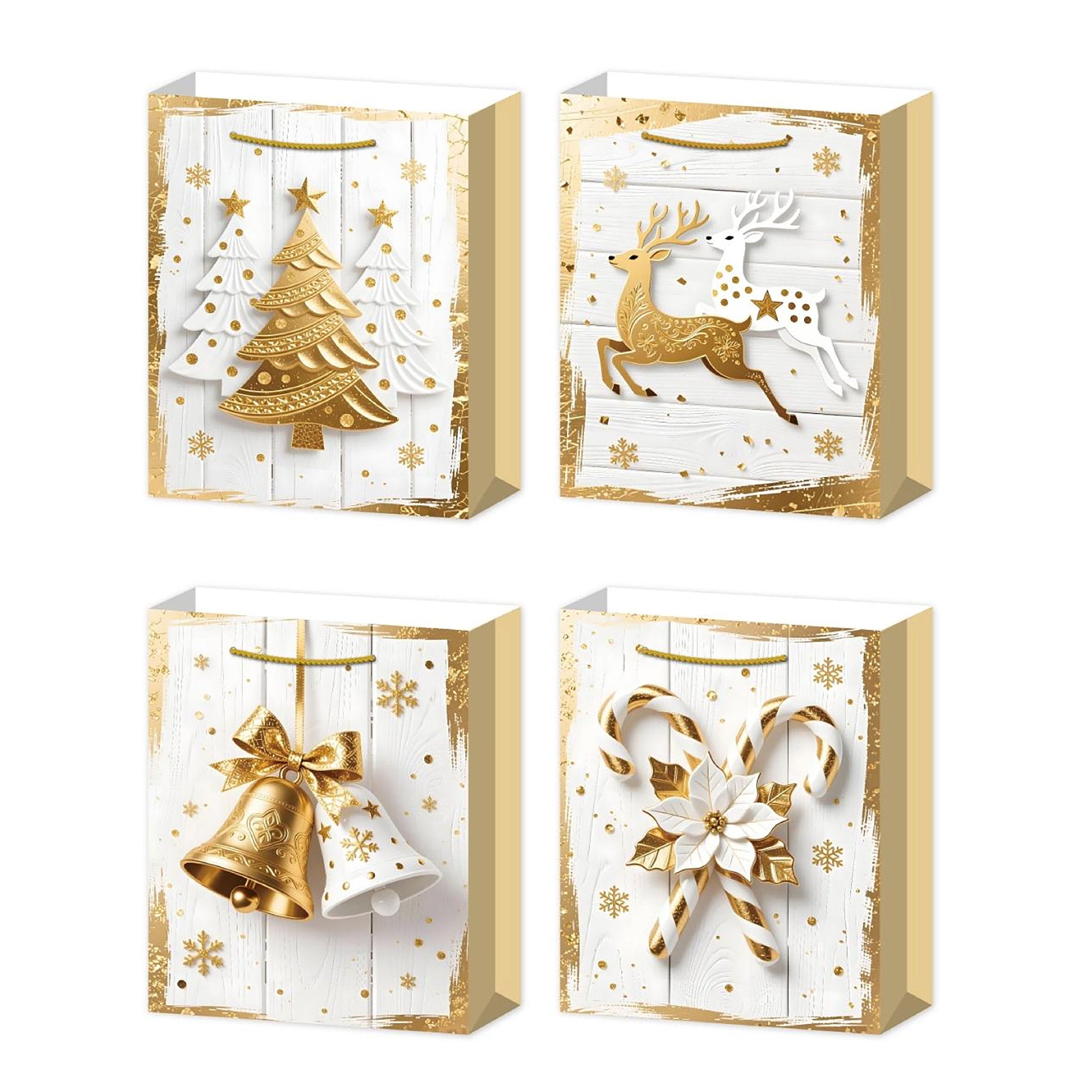 Christmas Gift Bags White Wood & Gold Icons Assorted Medium, Christmas, Holiday Decor- Set of 12