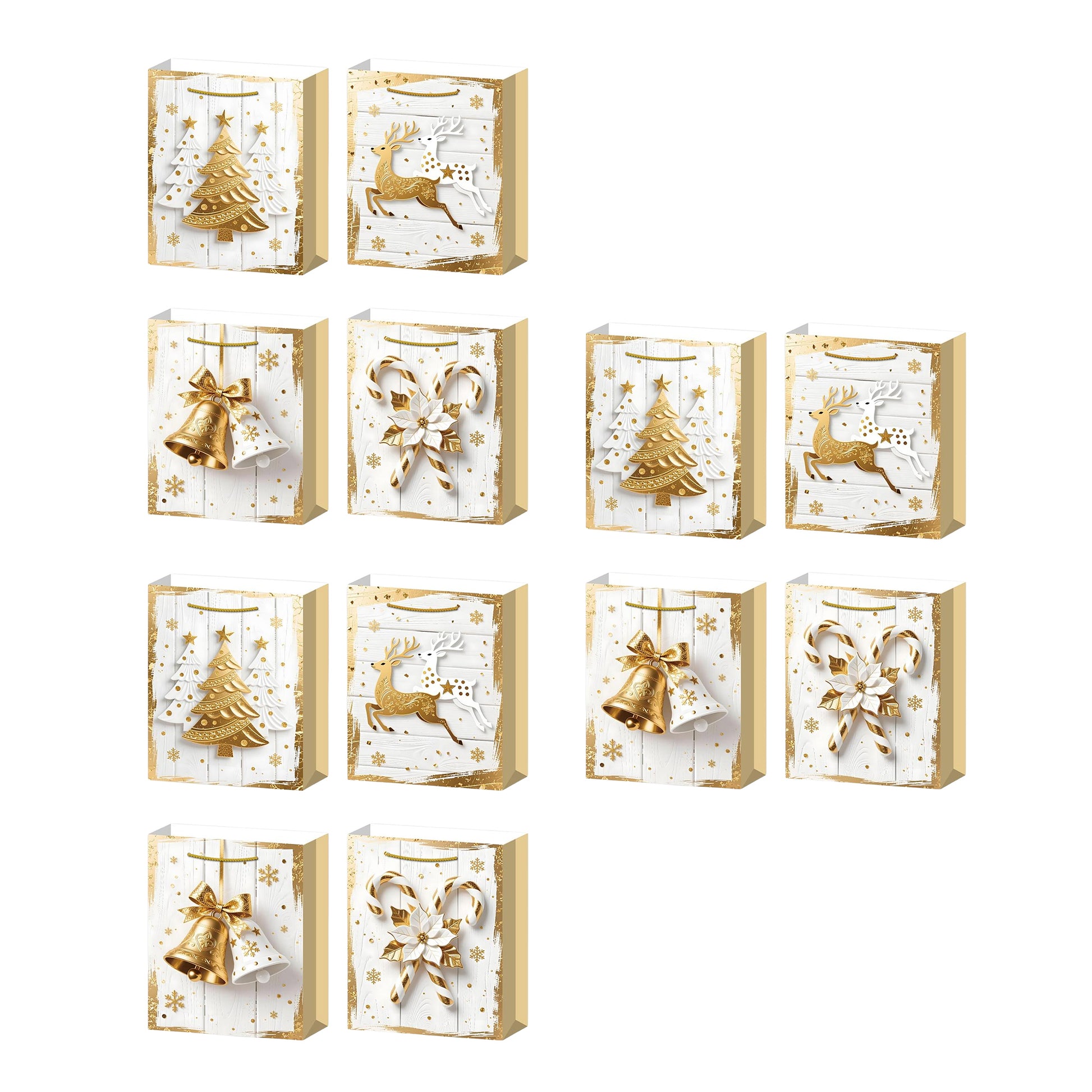 Christmas Gift Bags White Wood & Gold Icons Assorted Medium, Christmas, Holiday Decor- Set of 12