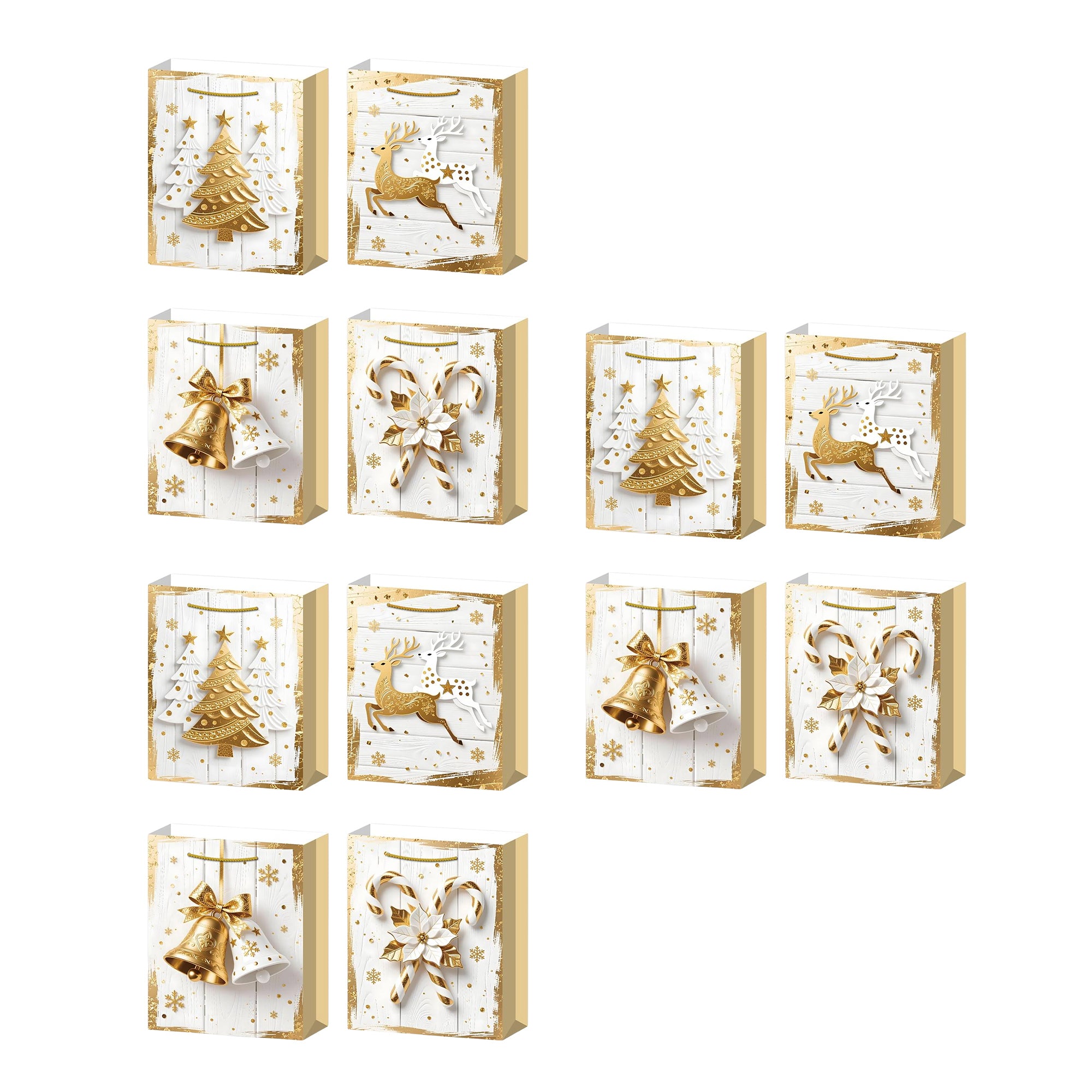 Christmas Gift Bags White Wood & Gold Icons Assorted Medium, Christmas, Holiday Decor- Set of 12