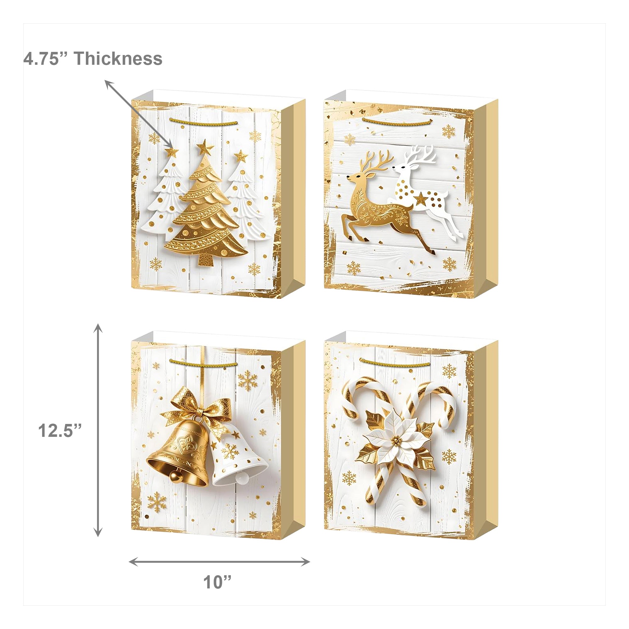 Christmas Gift Bags White Wood & Gold Icons Assorted Large, Christmas, Holiday Decor- Set of 12