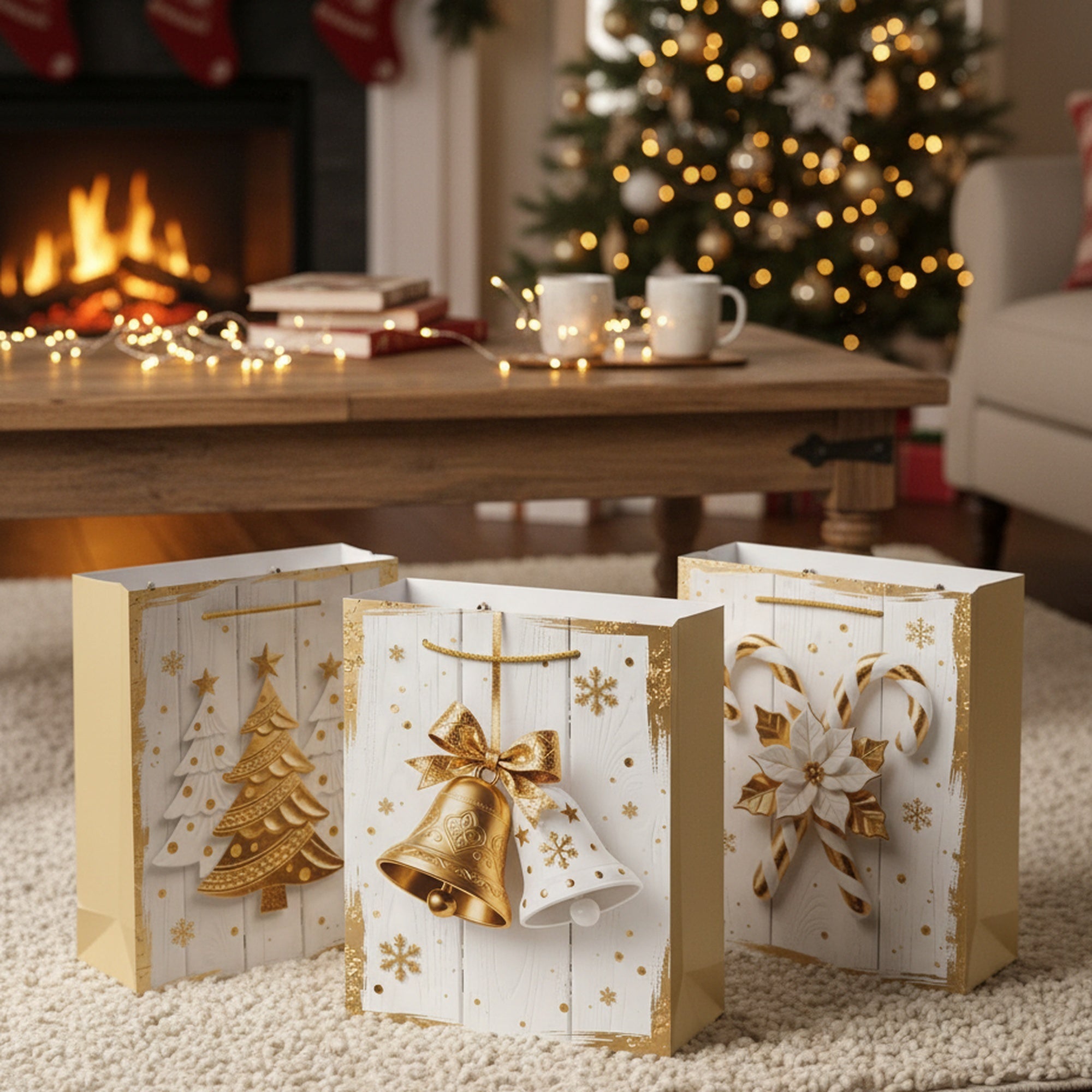 Christmas Gift Bags White Wood & Gold Icons Assorted Large, Christmas, Holiday Decor- Set of 12