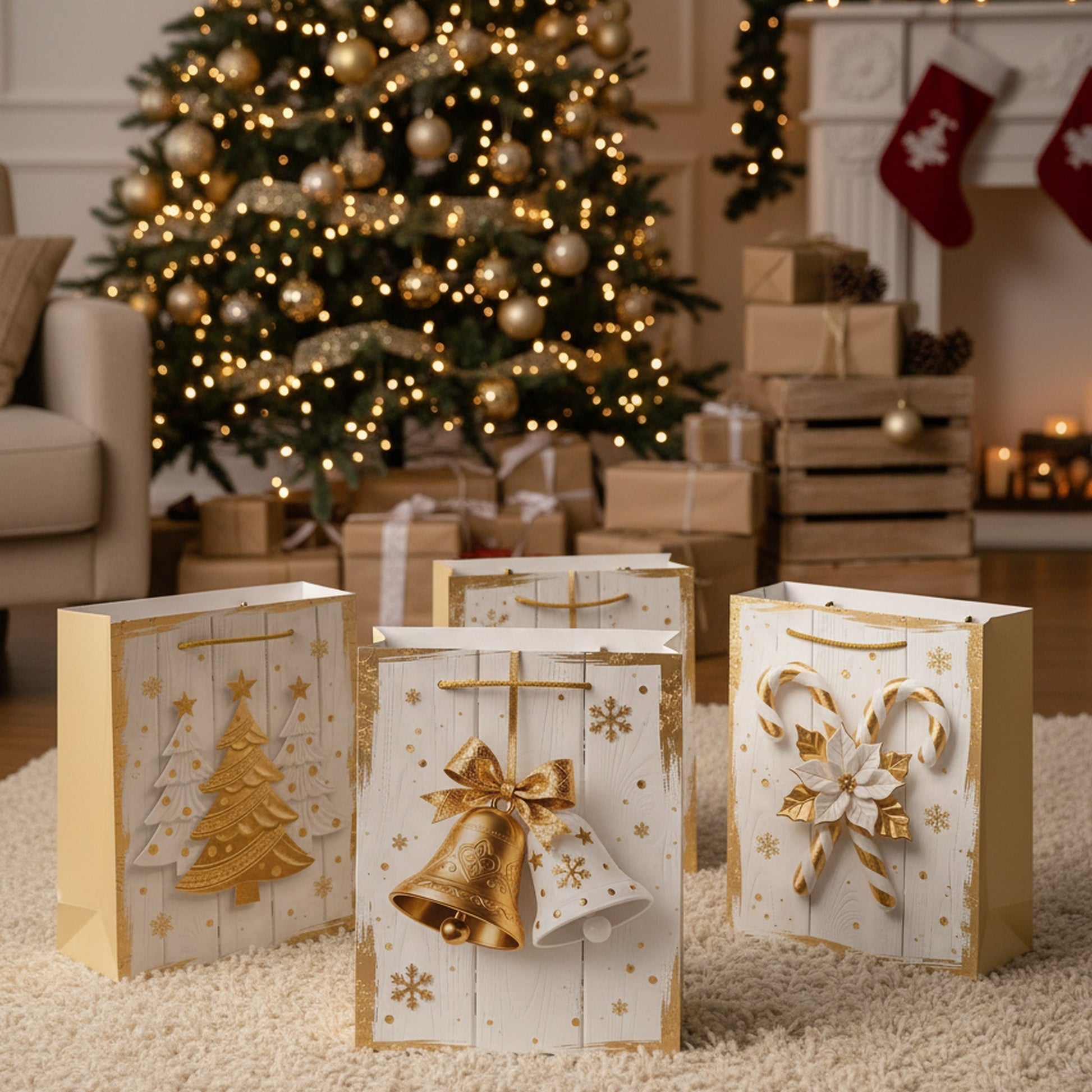Christmas Gift Bags White Wood & Gold Icons Assorted Large, Christmas, Holiday Decor- Set of 12
