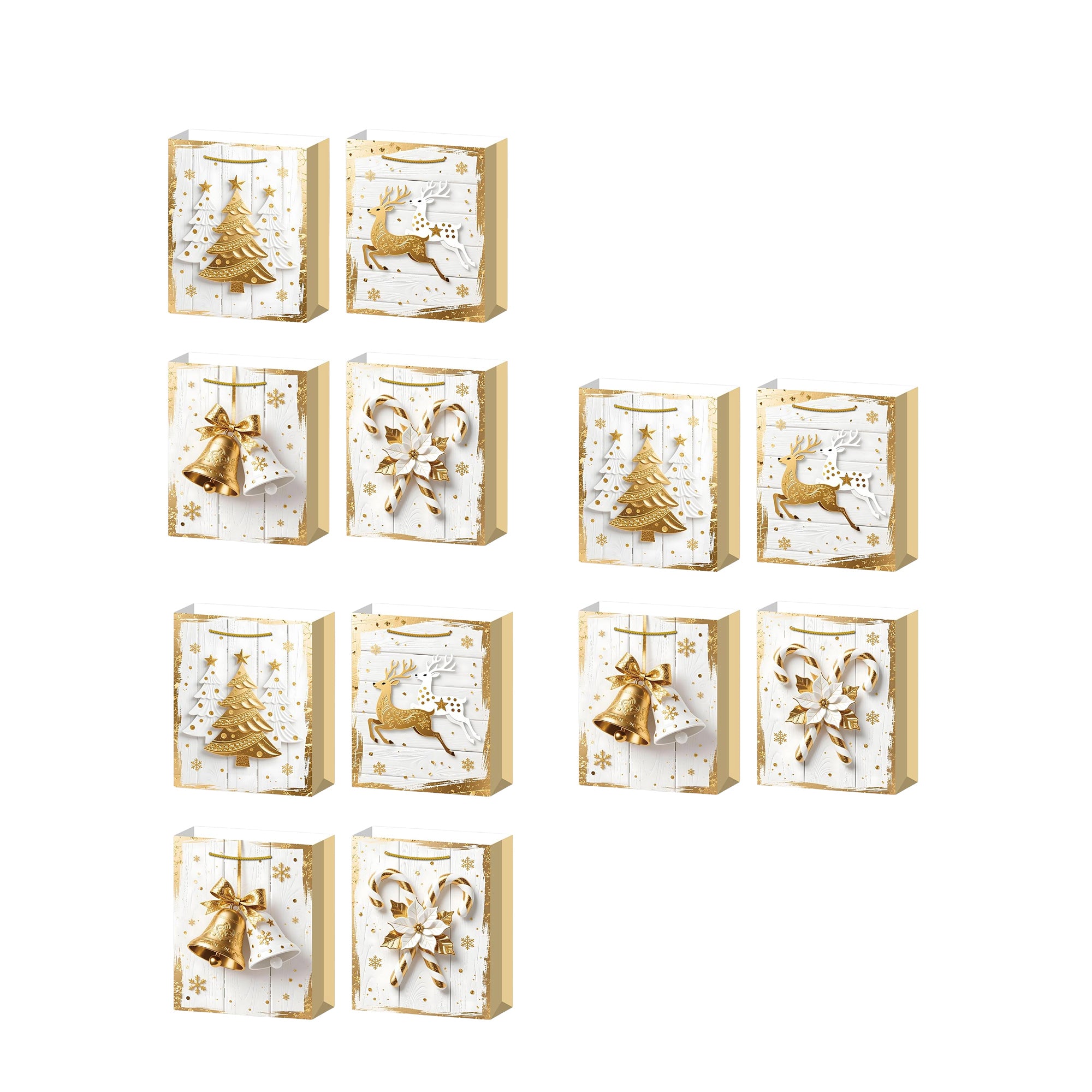 Christmas Gift Bags White Wood & Gold Icons Assorted Large, Christmas, Holiday Decor- Set of 12
