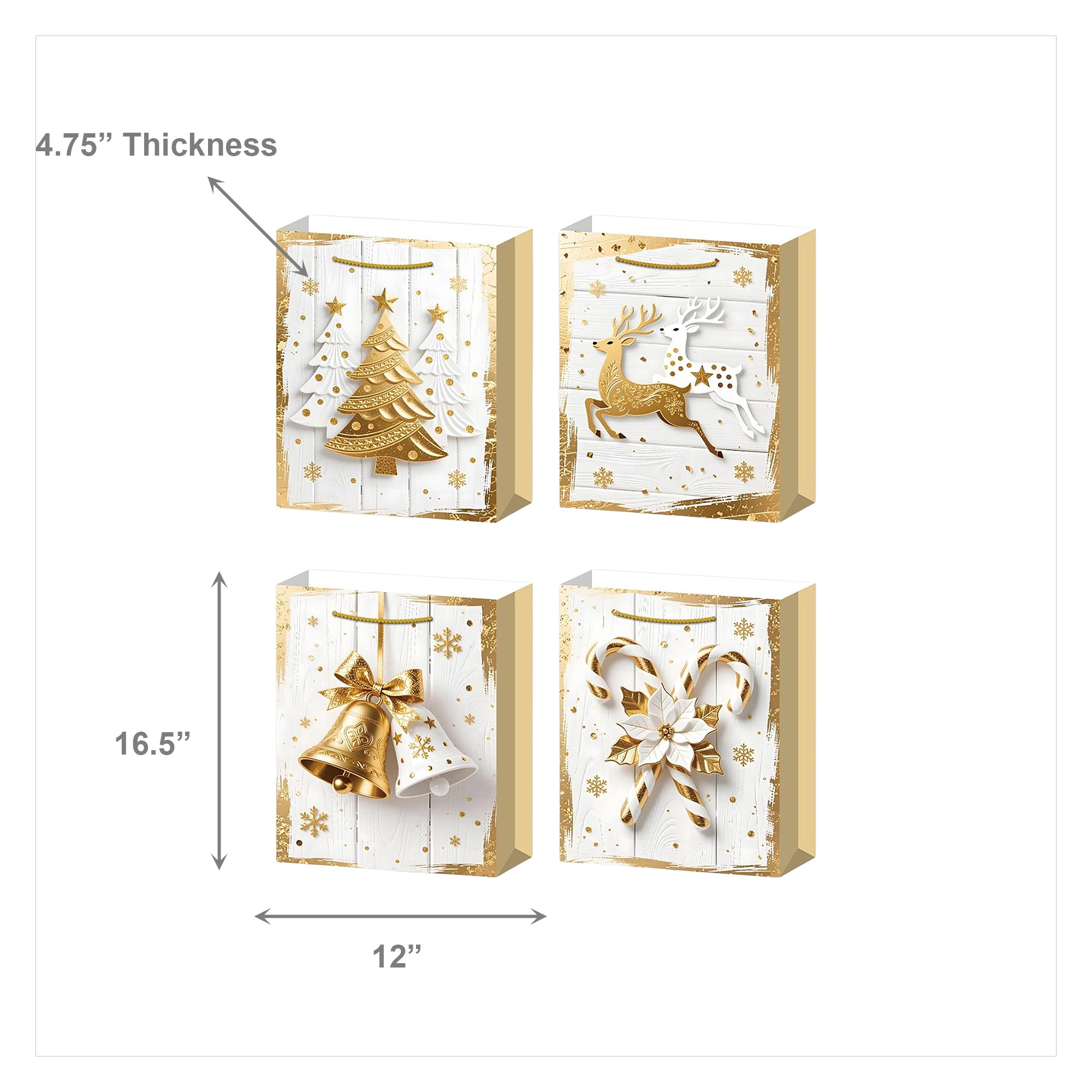 Christmas Gift Bags White Wood & Gold Icons Assorted Extra Large, Christmas, Holiday Decor- Set of 12
