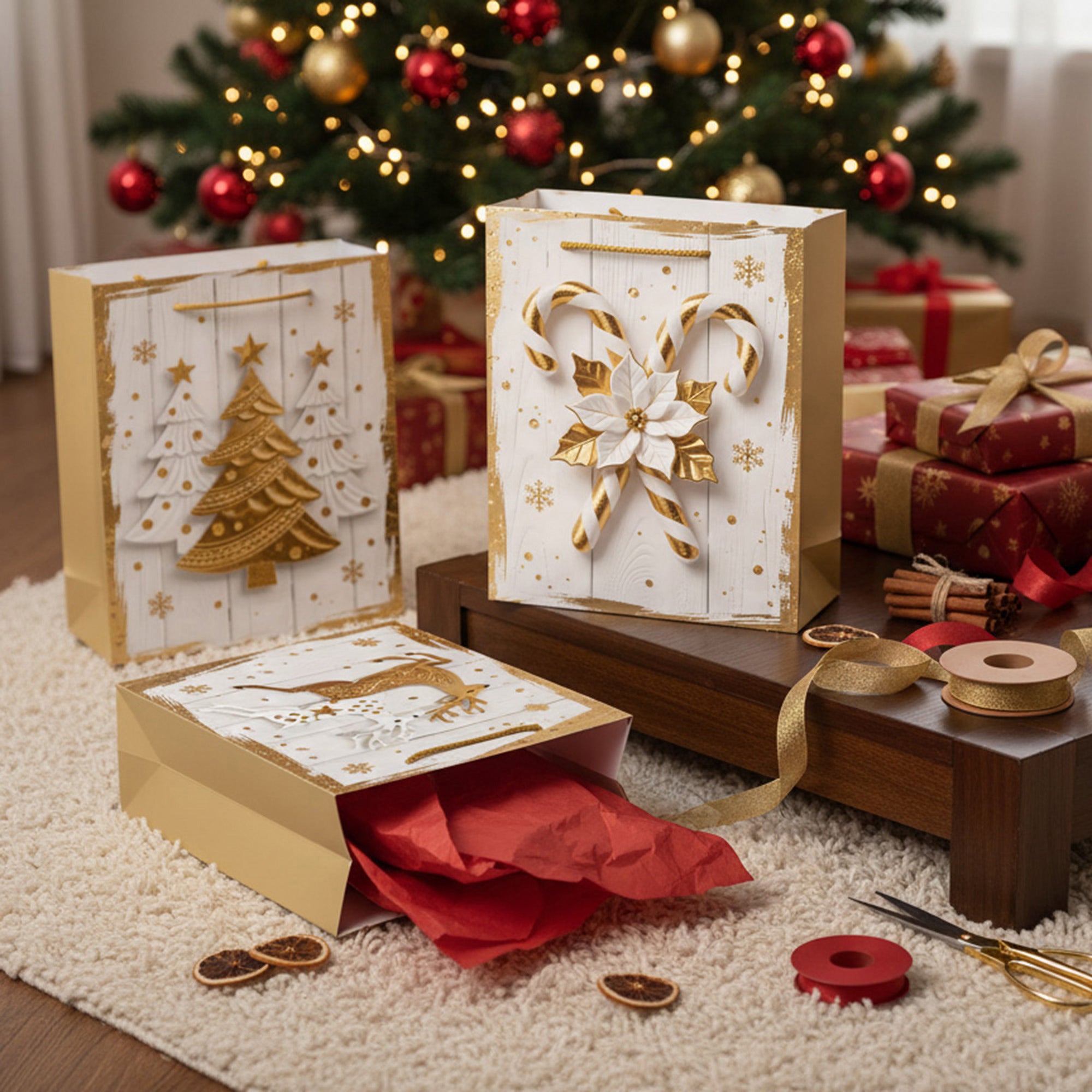 Christmas Gift Bags White Wood & Gold Icons Assorted Extra Large, Christmas, Holiday Decor- Set of 12