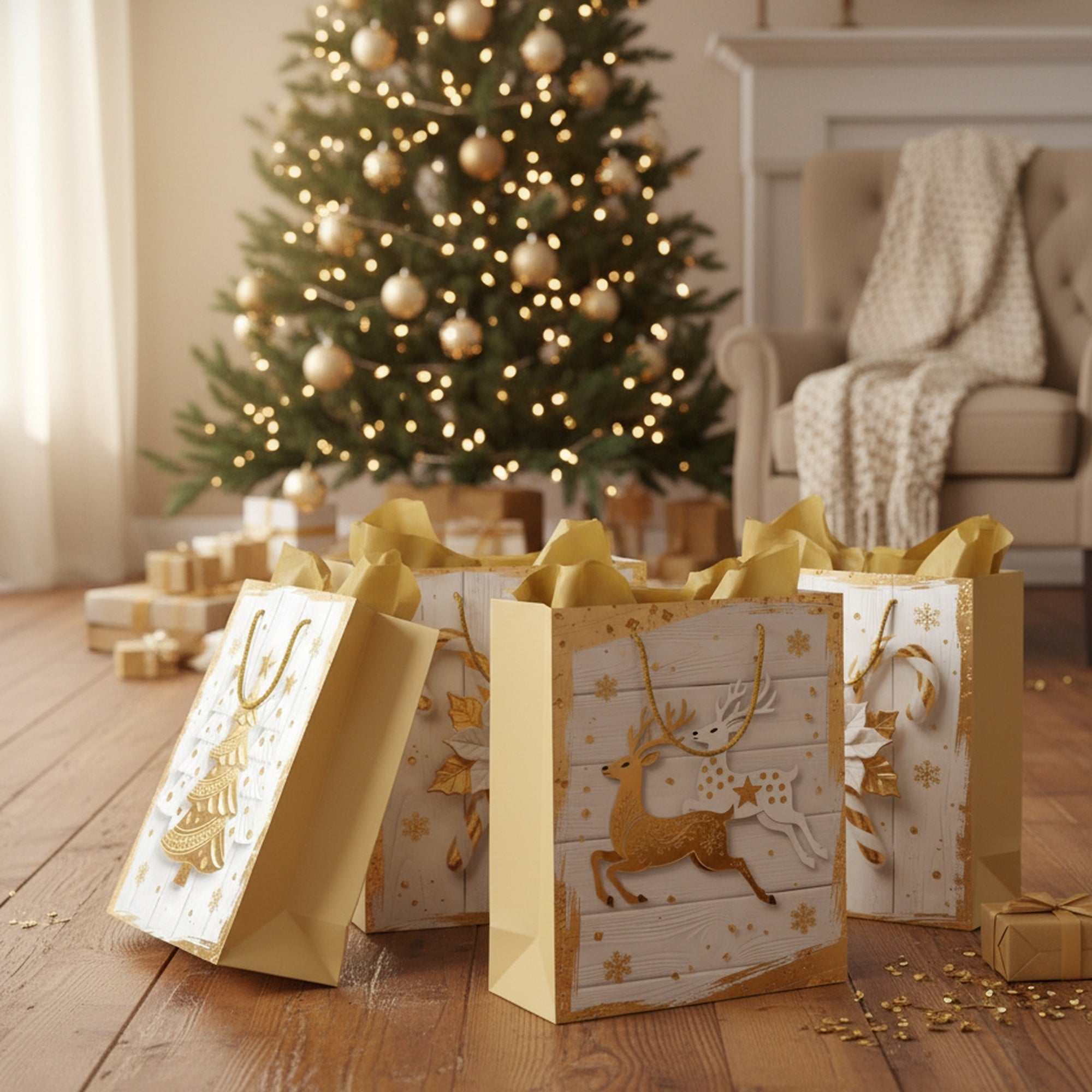 Christmas Gift Bags White Wood & Gold Icons Assorted Extra Large, Christmas, Holiday Decor- Set of 12