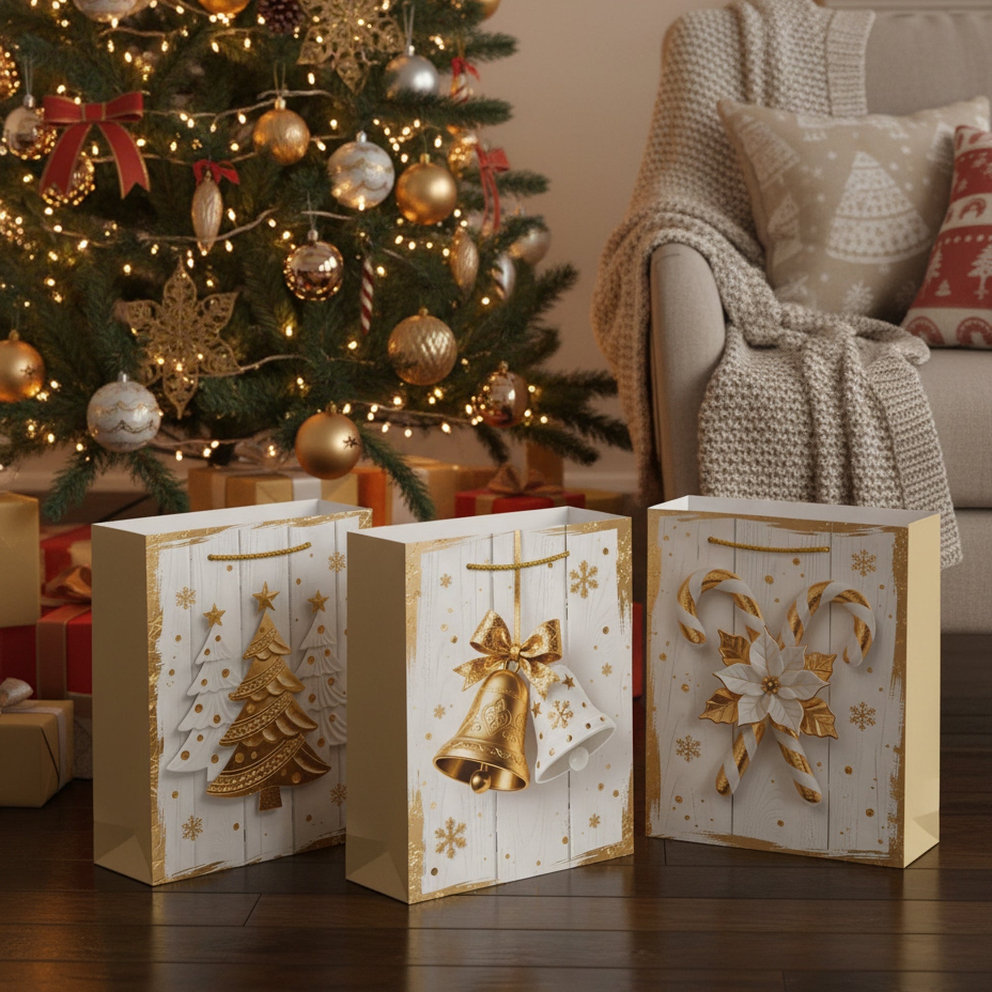 Christmas Gift Bags White Wood & Gold Icons Assorted Extra Large, Christmas, Holiday Decor- Set of 12