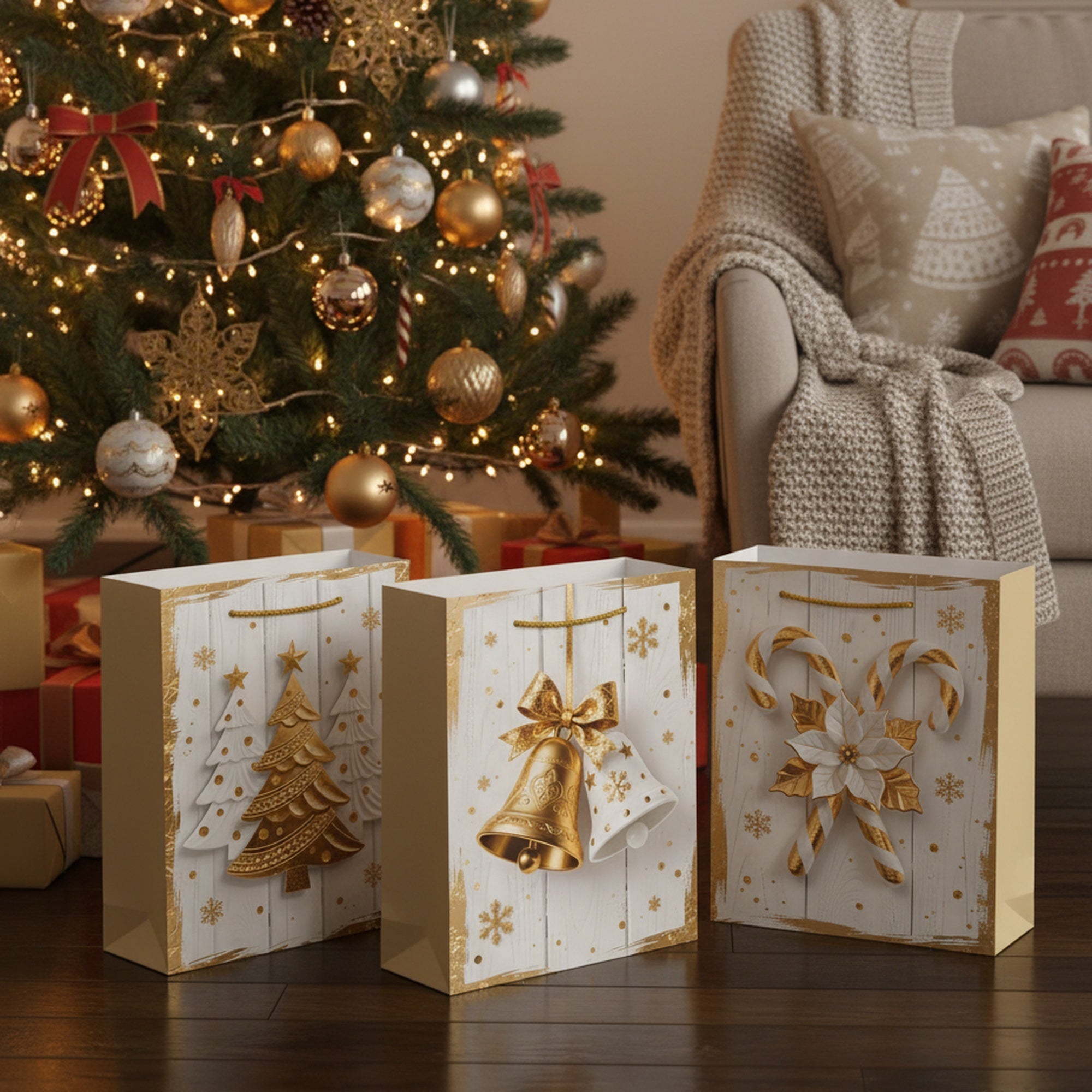 Christmas Gift Bags White Wood & Gold Icons Assorted Extra Large, Christmas, Holiday Decor- Set of 12