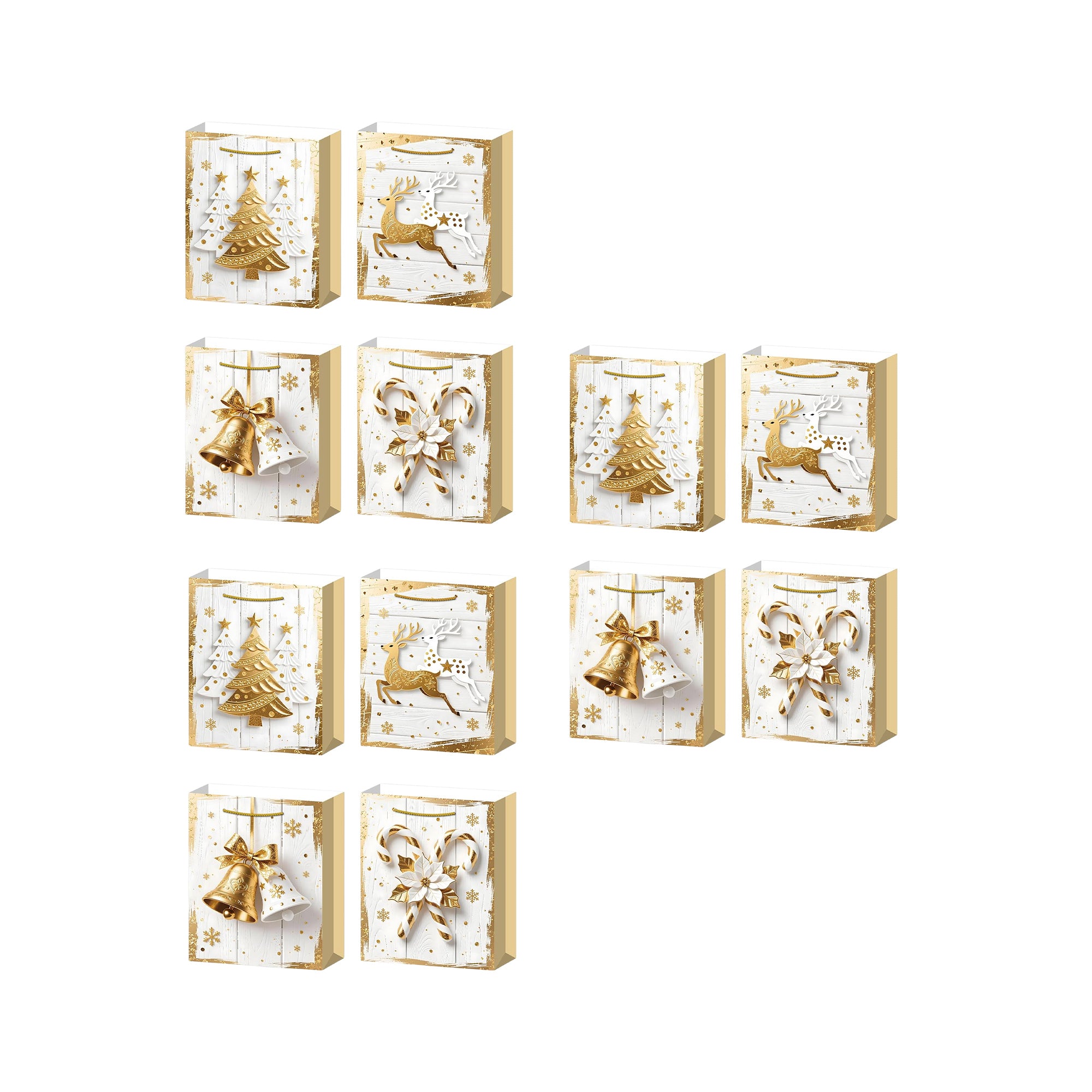Christmas Gift Bags White Wood & Gold Icons Assorted Extra Large, Christmas, Holiday Decor- Set of 12