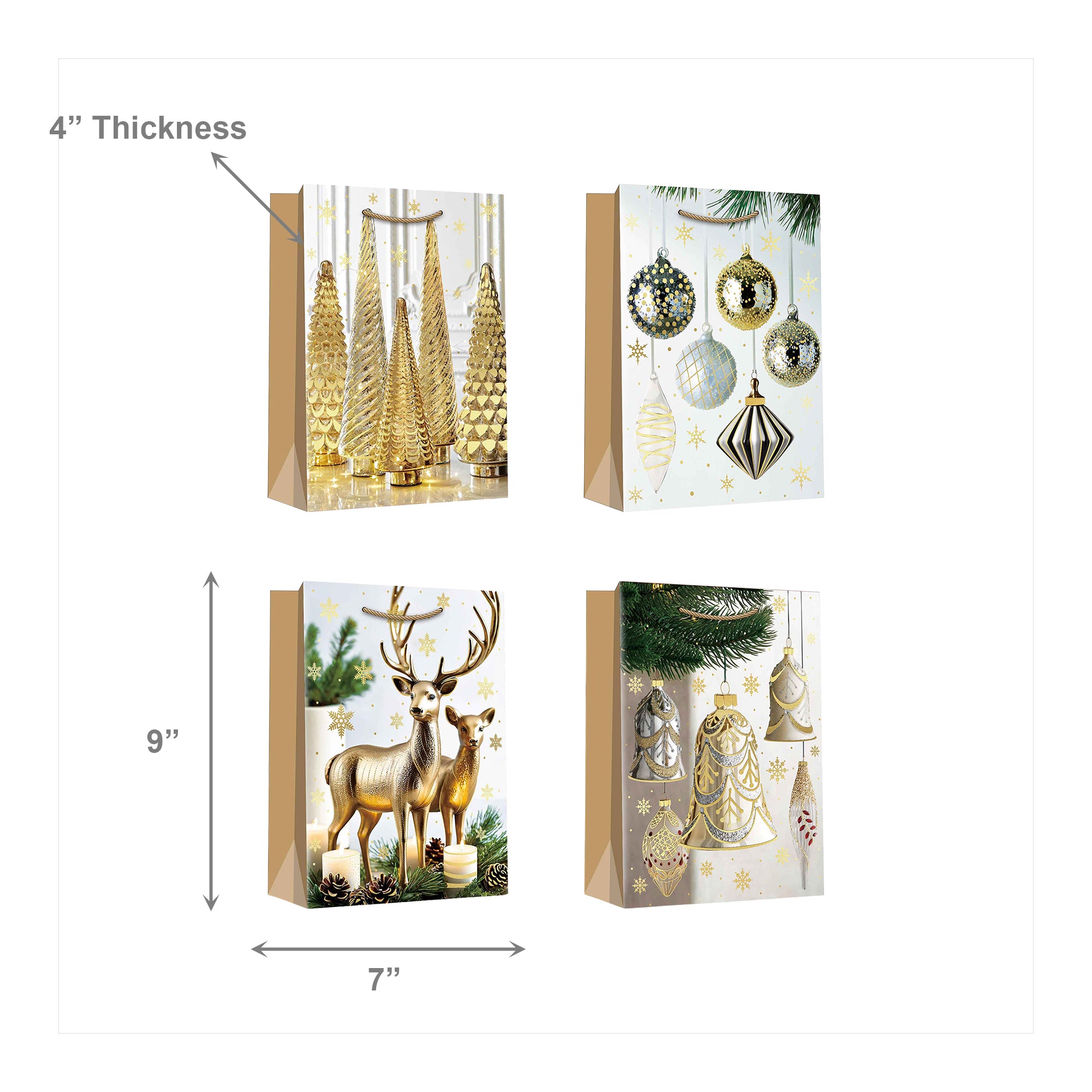 Christmas Gift Bags Gold Decor and Ornaments Assorted Medium, Christmas, Holiday Decor- Set of 12