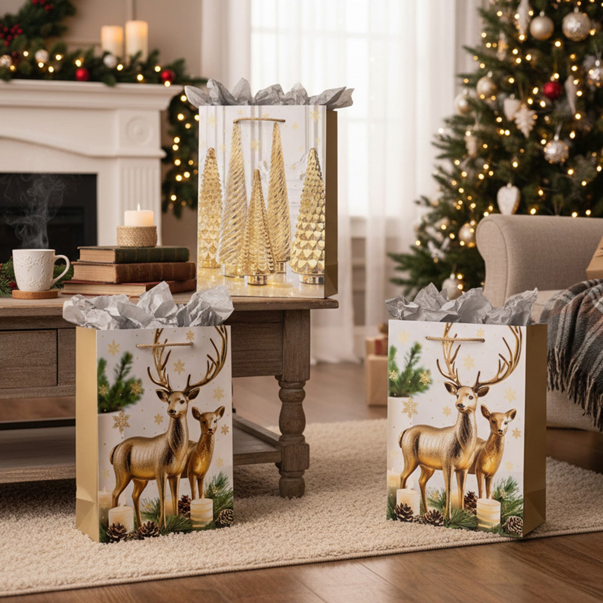 Christmas Gift Bags Gold Decor and Ornaments Assorted Medium, Christmas, Holiday Decor- Set of 12